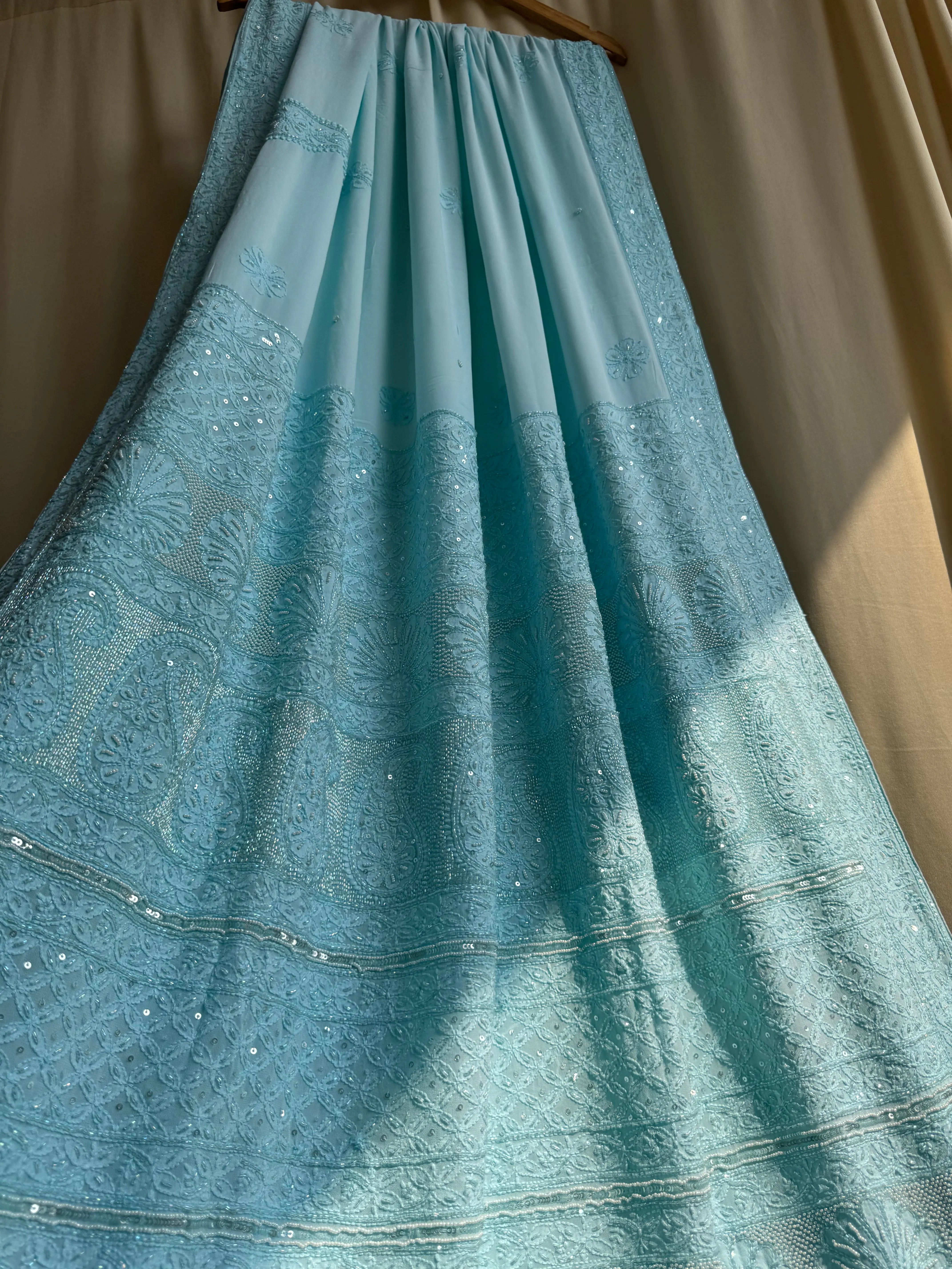 Viscose Blue Chikankari saree with Pearl embellishments ARIAA CHIKANKARI 