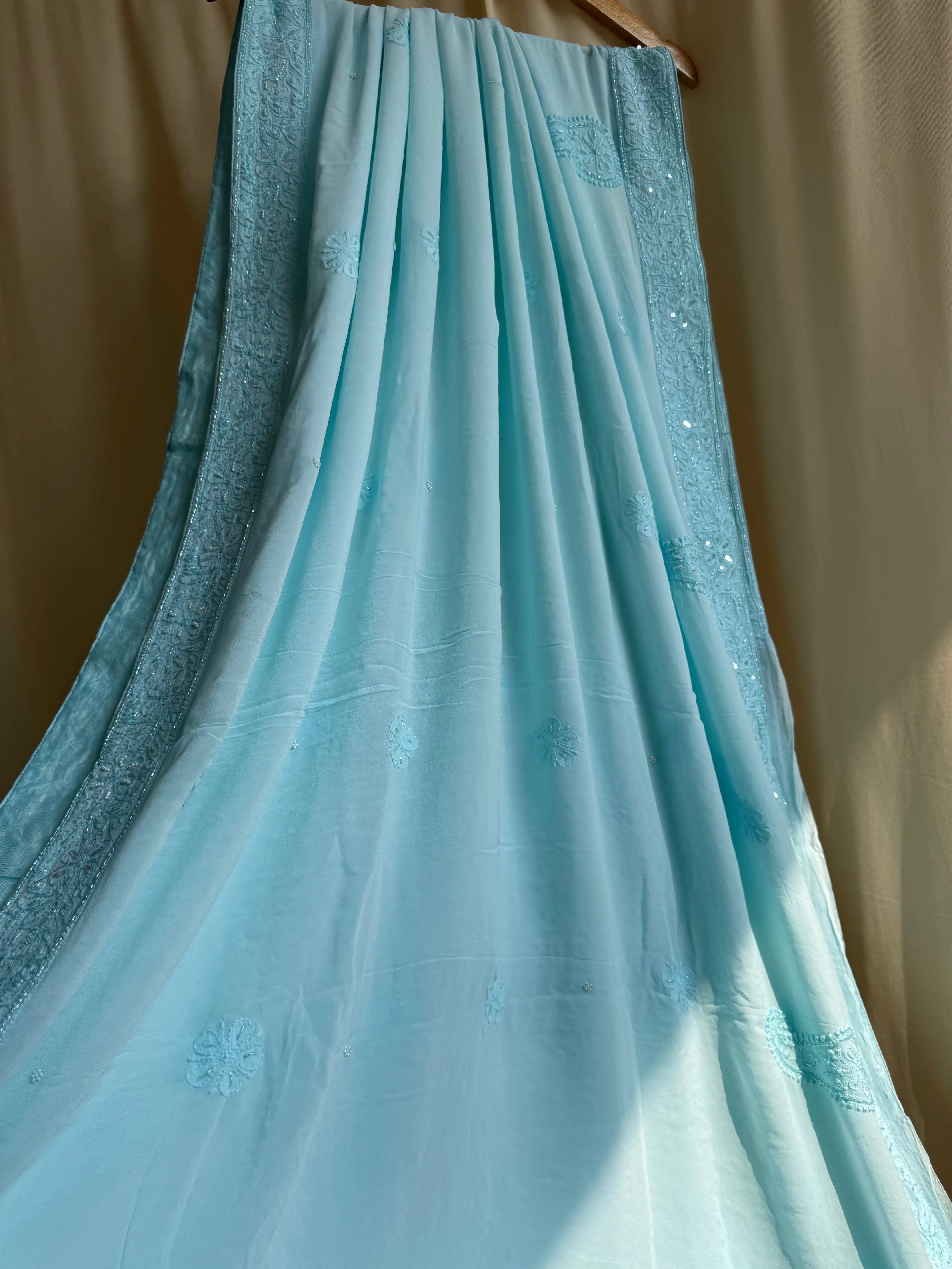 Viscose Blue Chikankari saree with Pearl embellishments ARIAA CHIKANKARI 