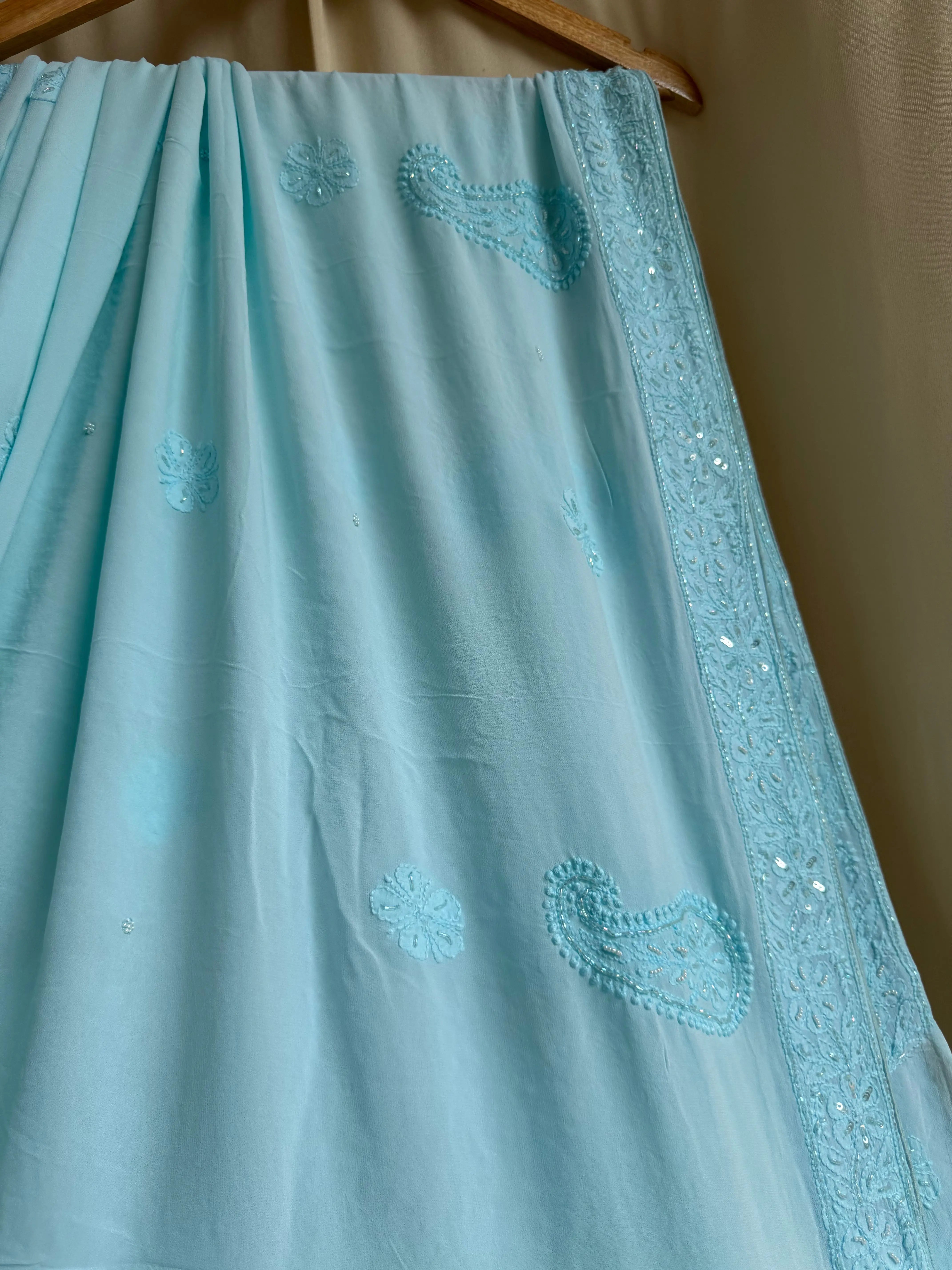 Viscose Blue Chikankari saree with Pearl embellishments ARIAA CHIKANKARI 