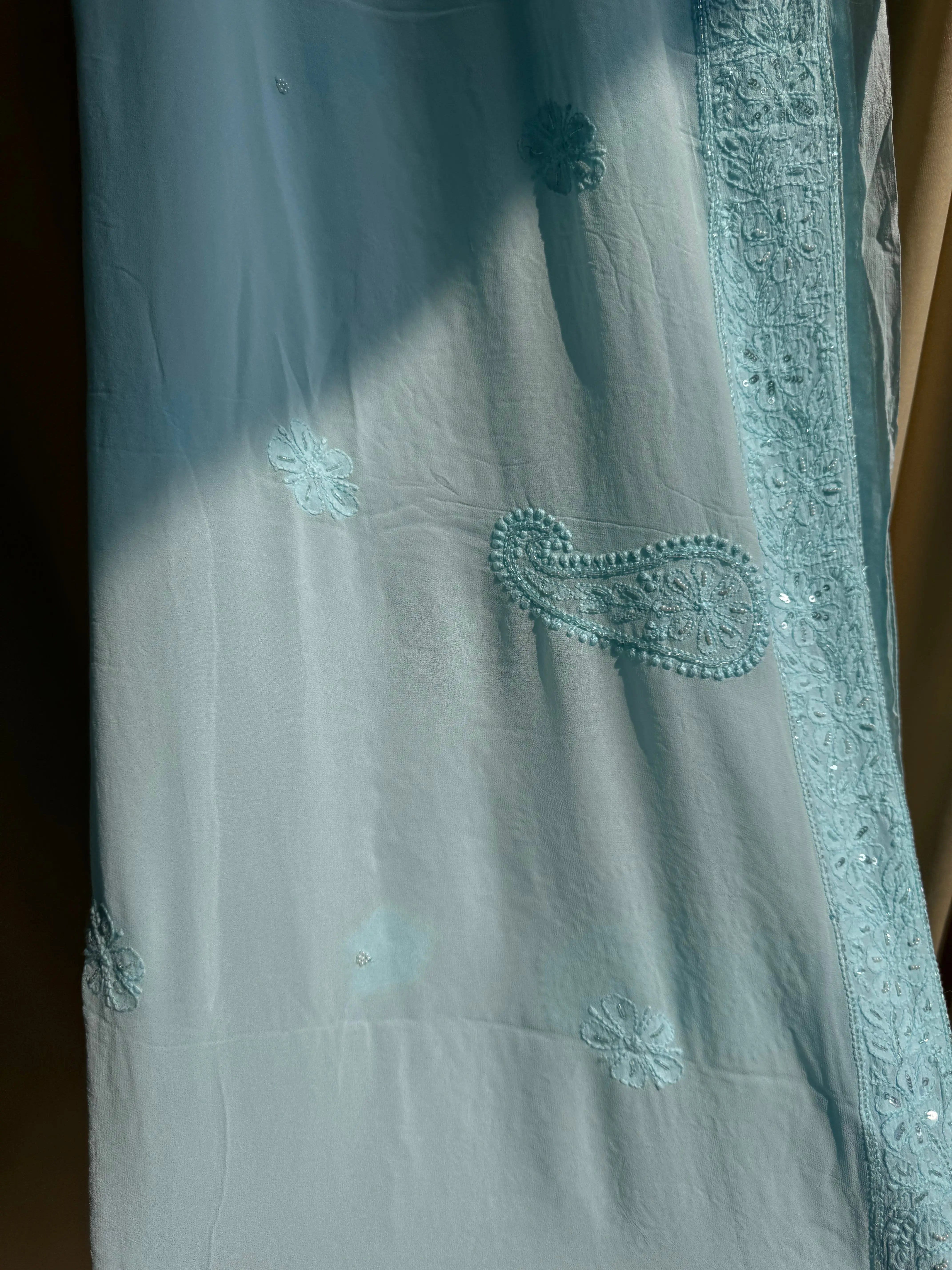 Viscose Blue Chikankari saree with Pearl embellishments ARIAA CHIKANKARI 