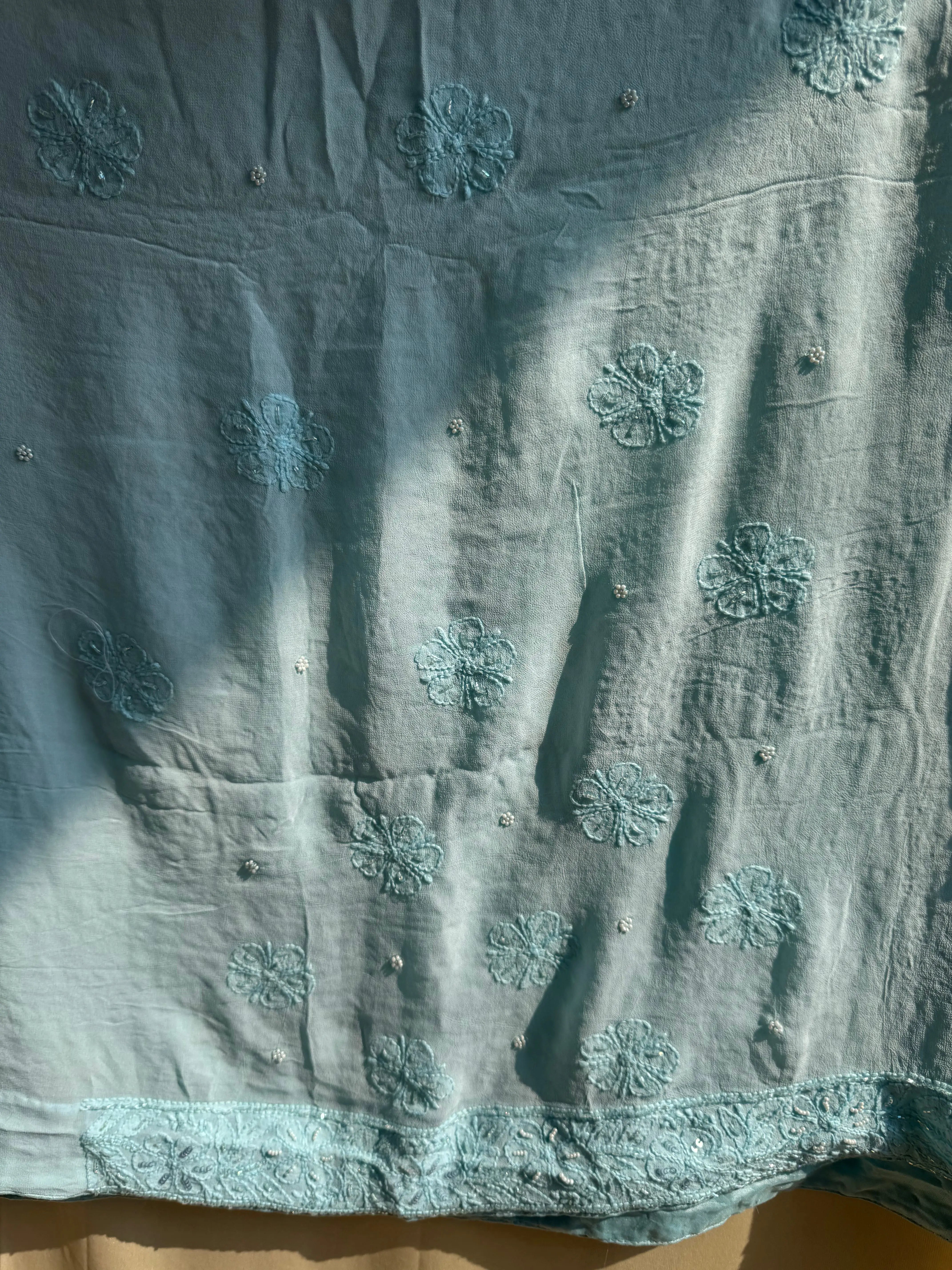 Viscose Blue Chikankari saree with Pearl embellishments ARIAA CHIKANKARI 