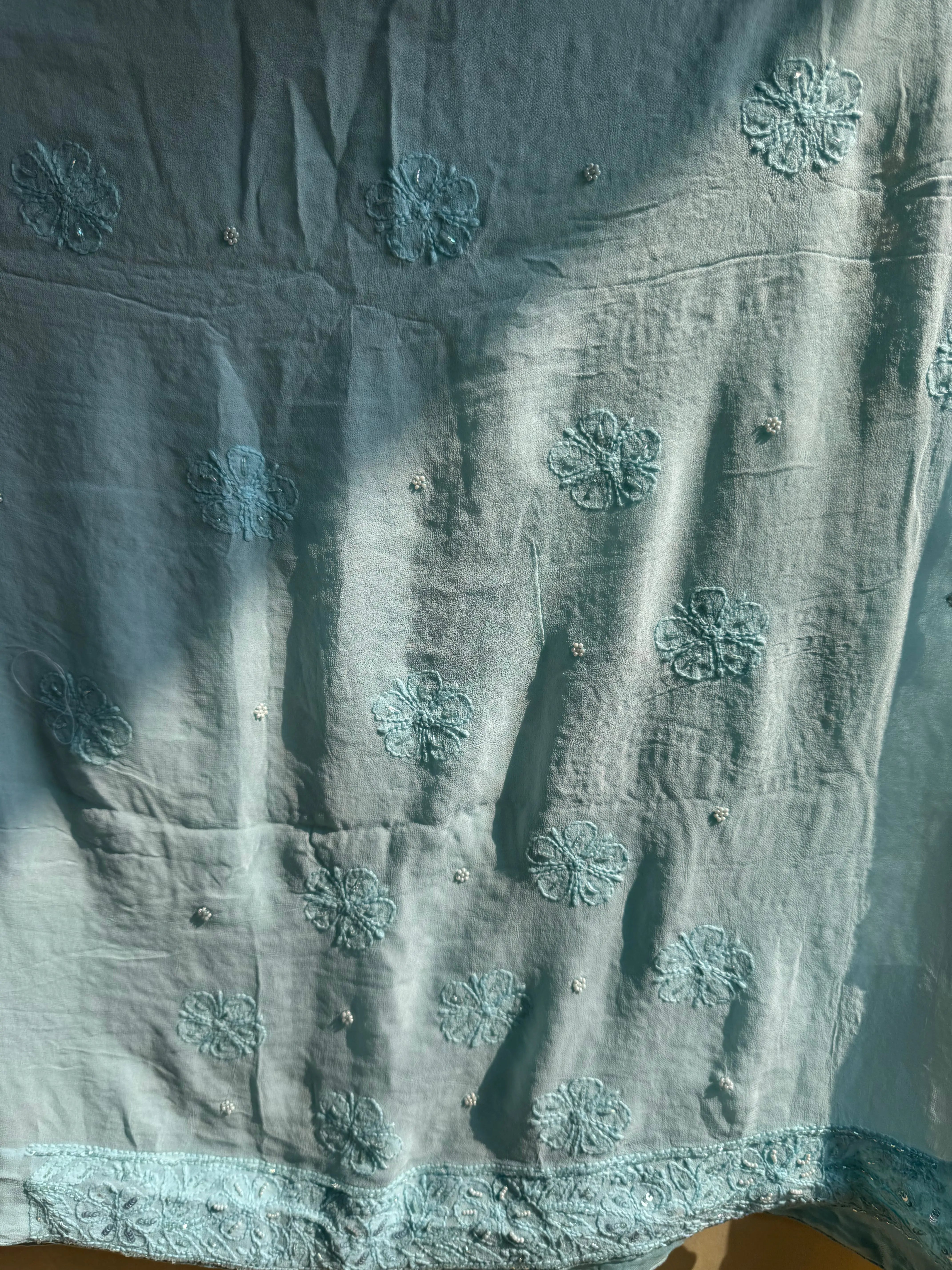 Viscose Blue Chikankari saree with Pearl embellishments ARIAA CHIKANKARI 