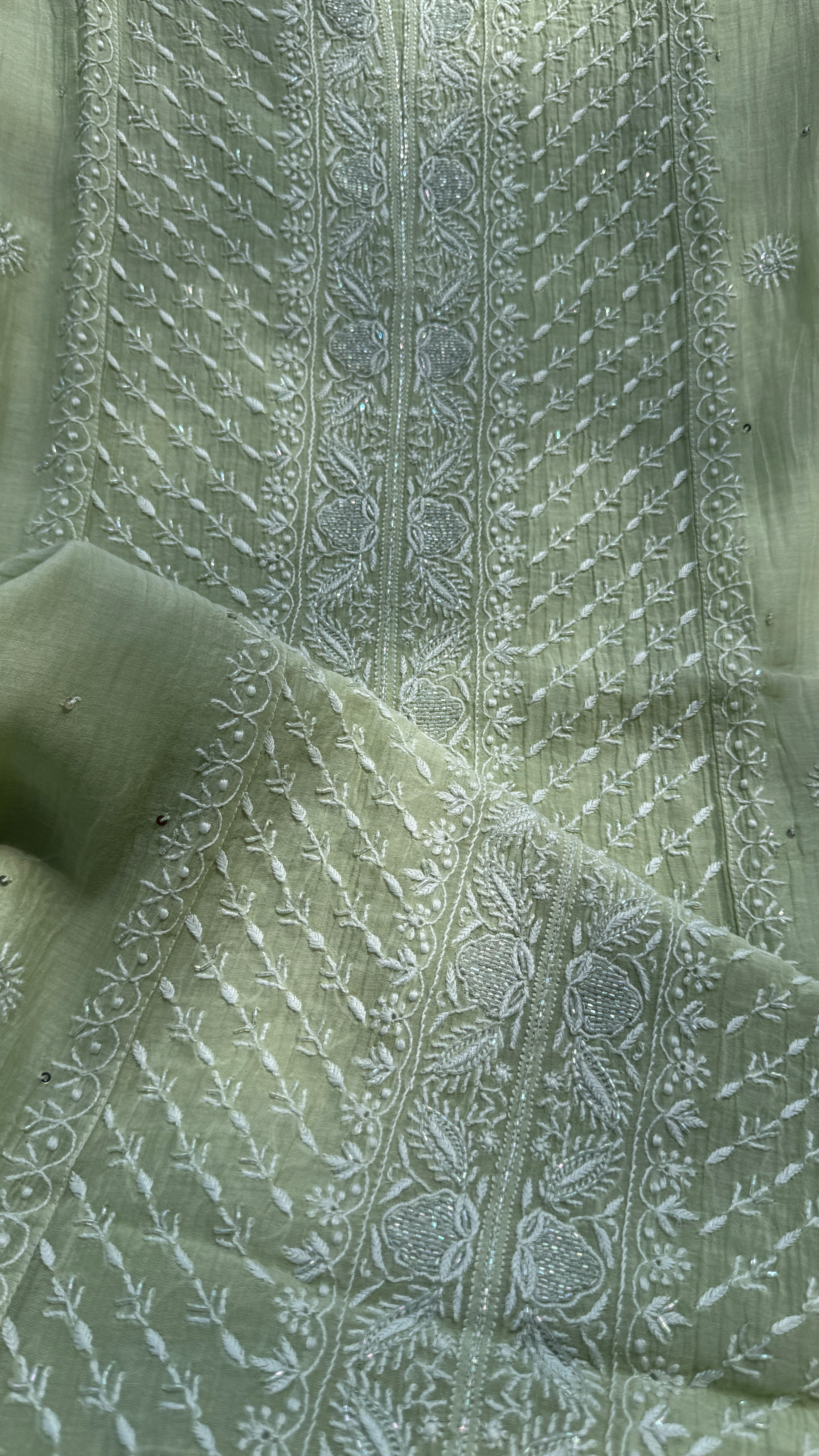 Mul Chanderi Chikankari - Unstitched Set - Pista Green