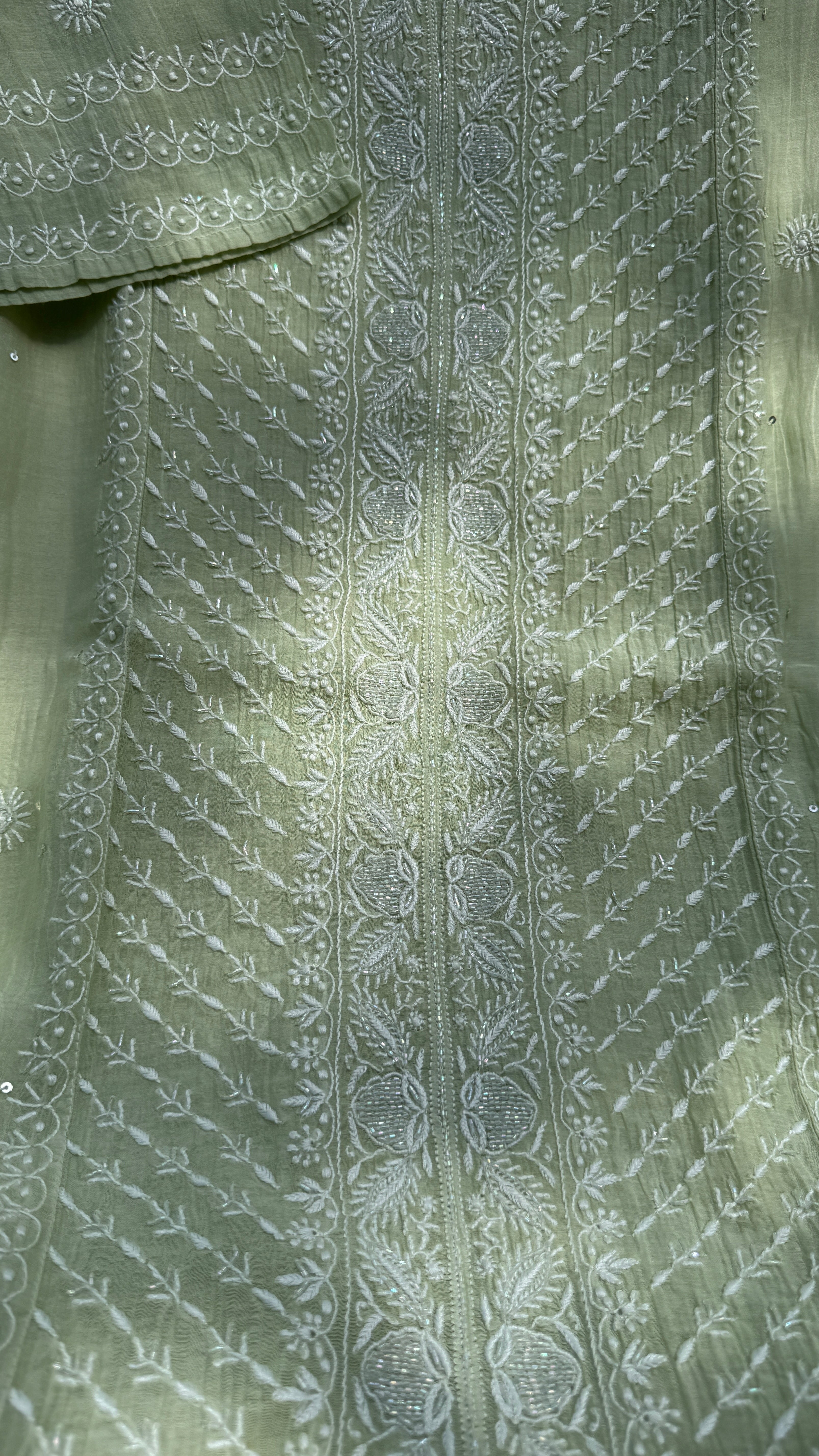 Mul Chanderi Chikankari - Unstitched Set - Pista Green