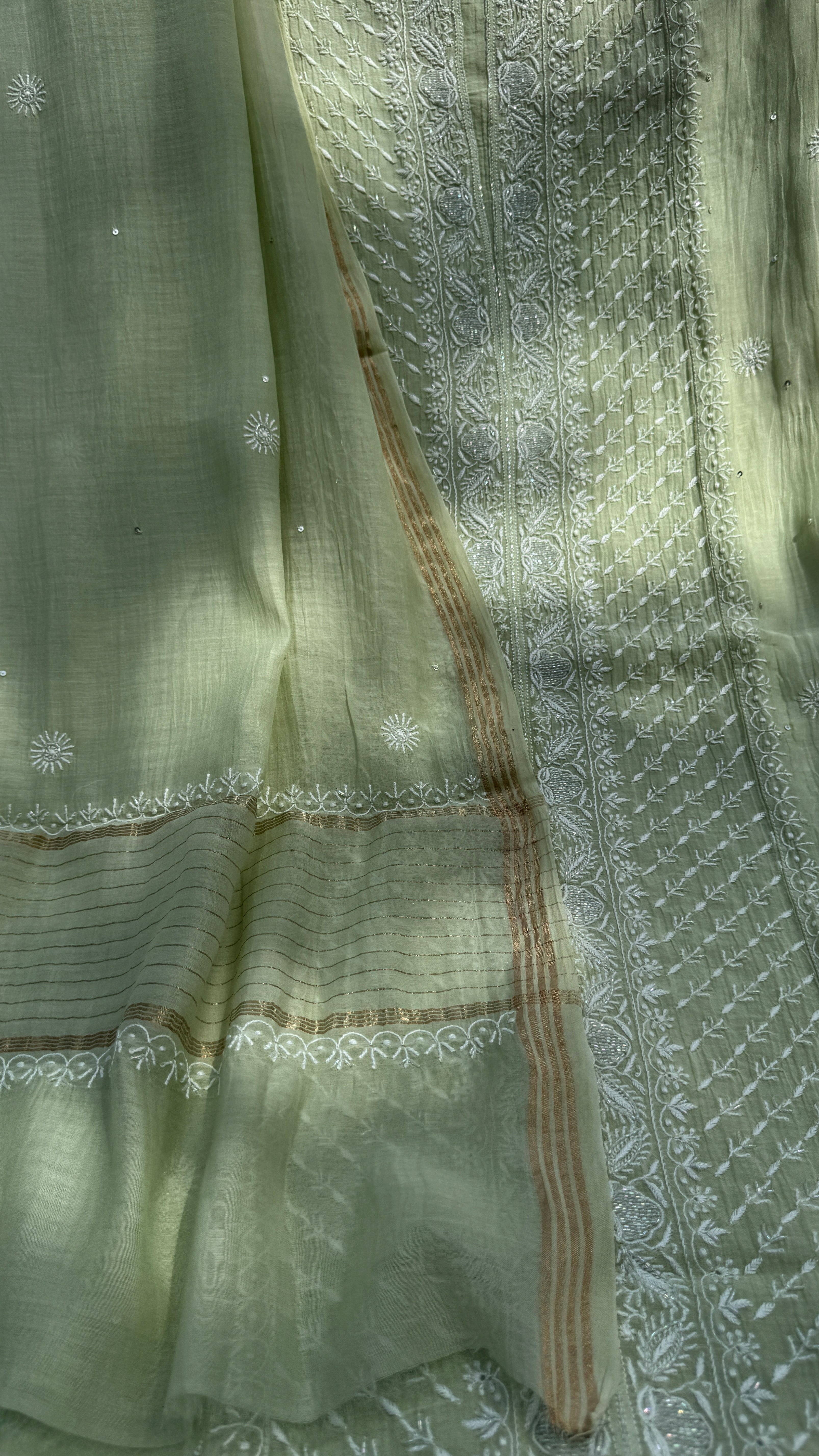 Mul Chanderi Chikankari - Unstitched Set - Pista Green