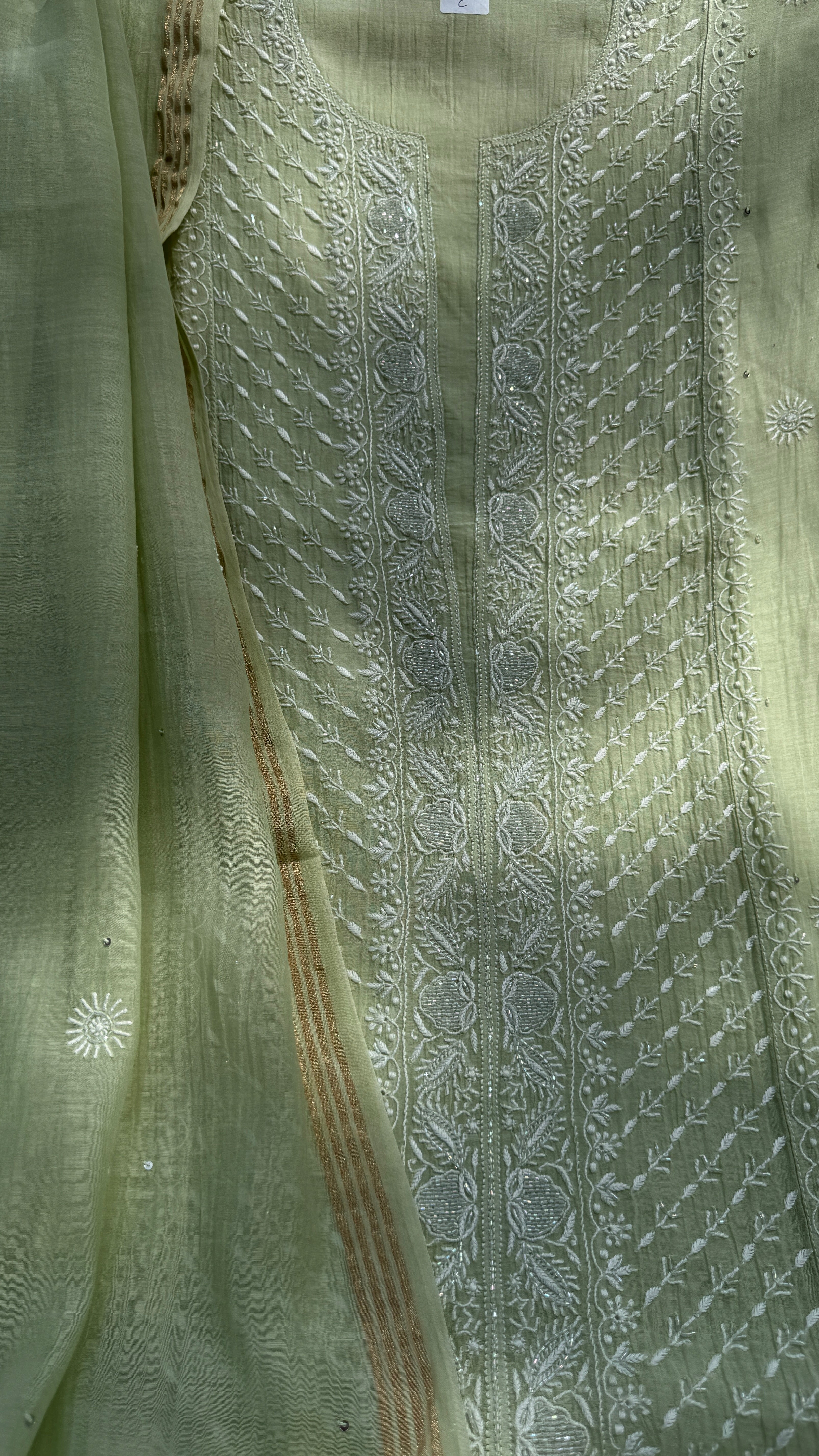 Mul Chanderi Chikankari - Unstitched Set - Pista Green