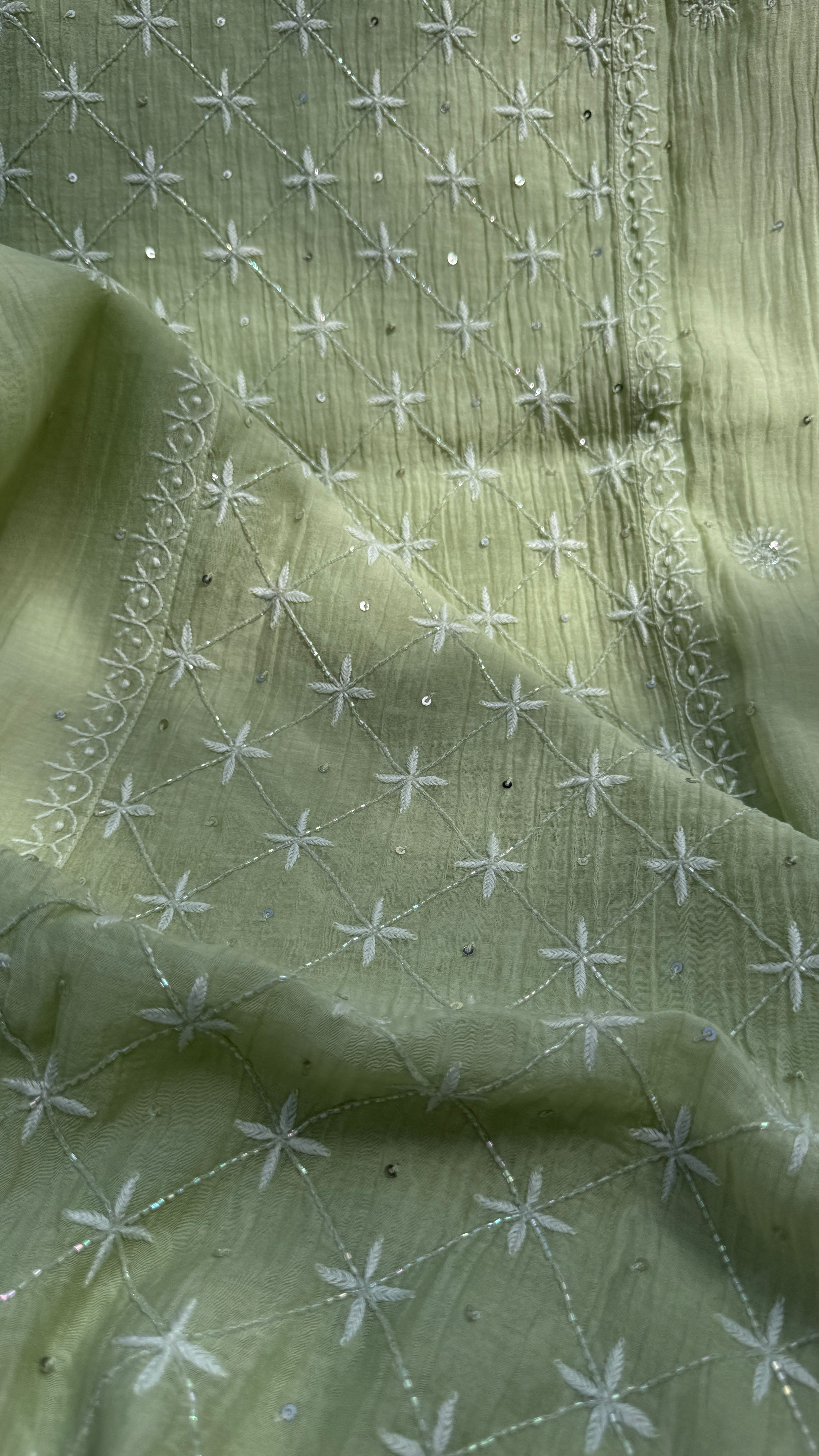 Mul Chanderi Chikankari - Unstitched Set - Pista Green