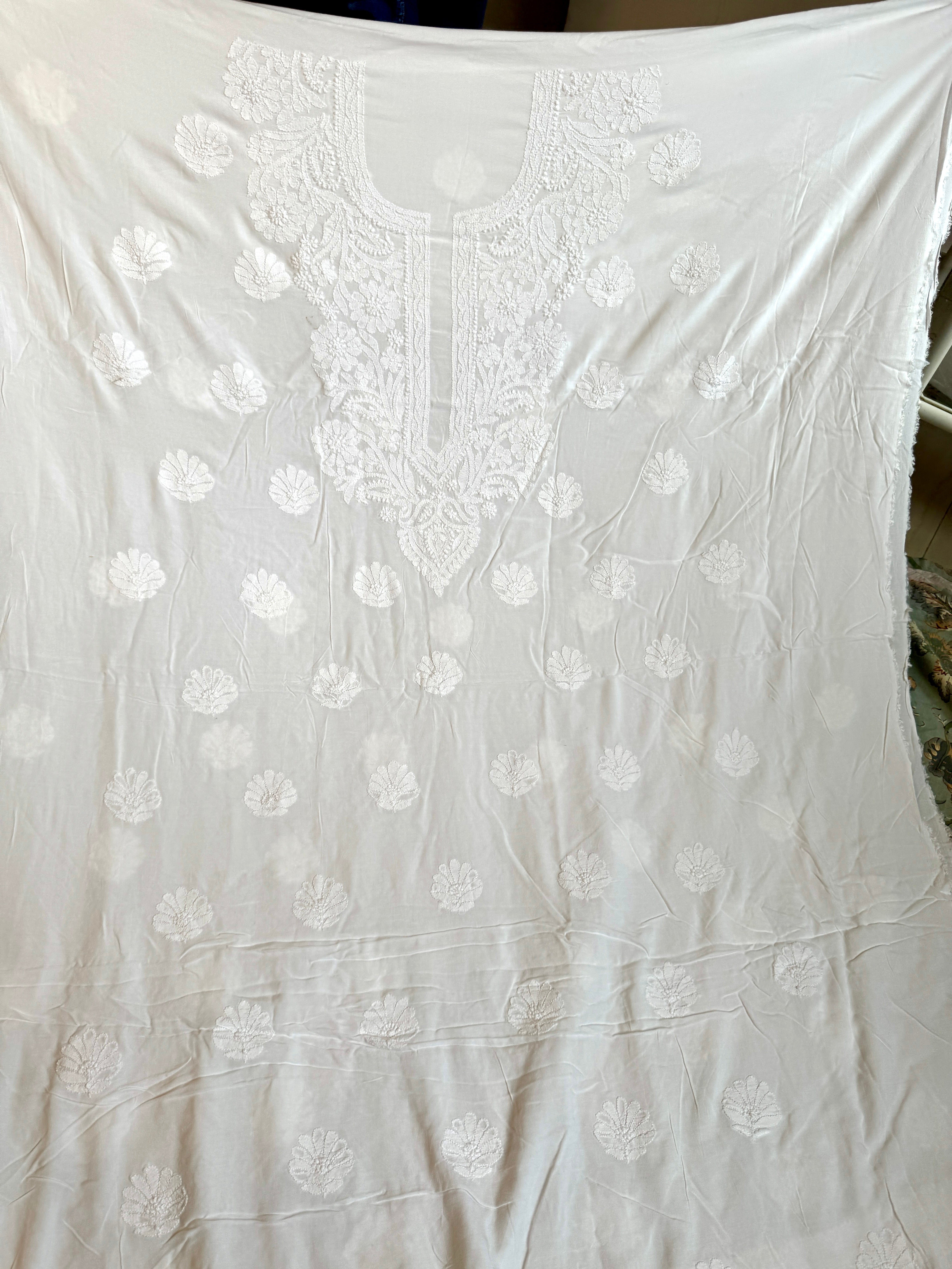 Modal Chikankari Unstitched Kurti Fabric - White