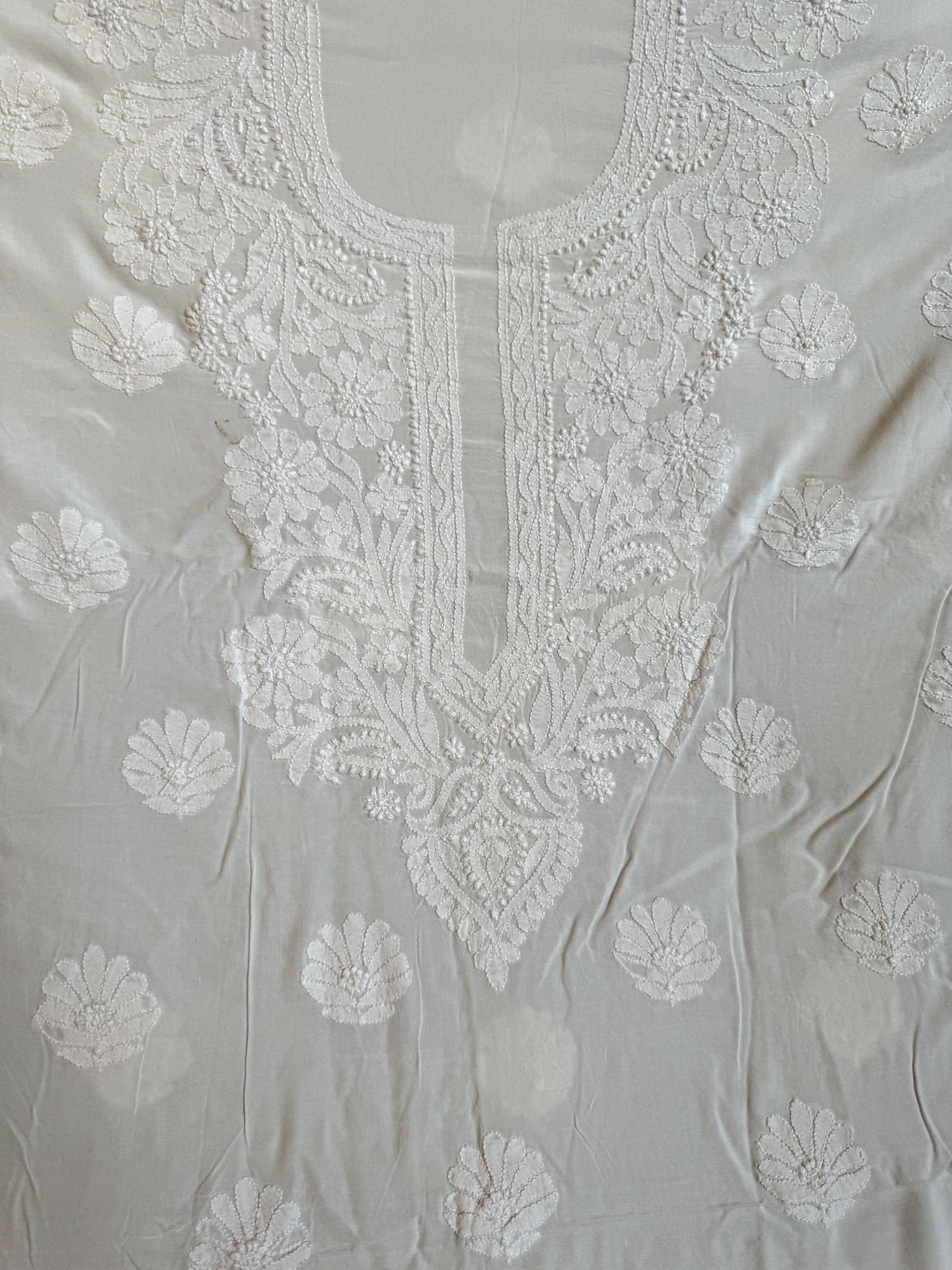 Modal Chikankari Unstitched Kurti Fabric - White