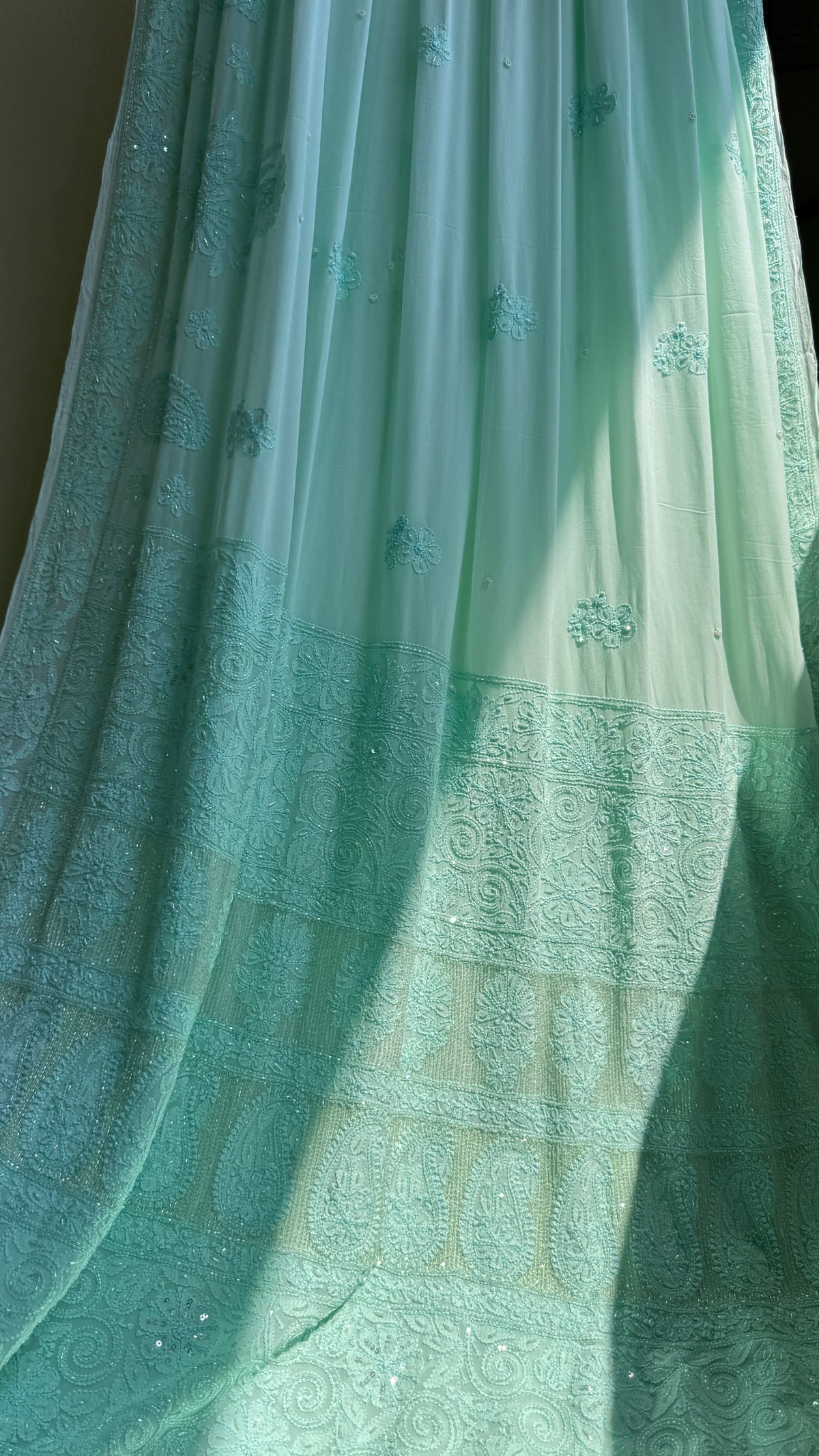 Chikankari saree with Pearl embellishments-Green