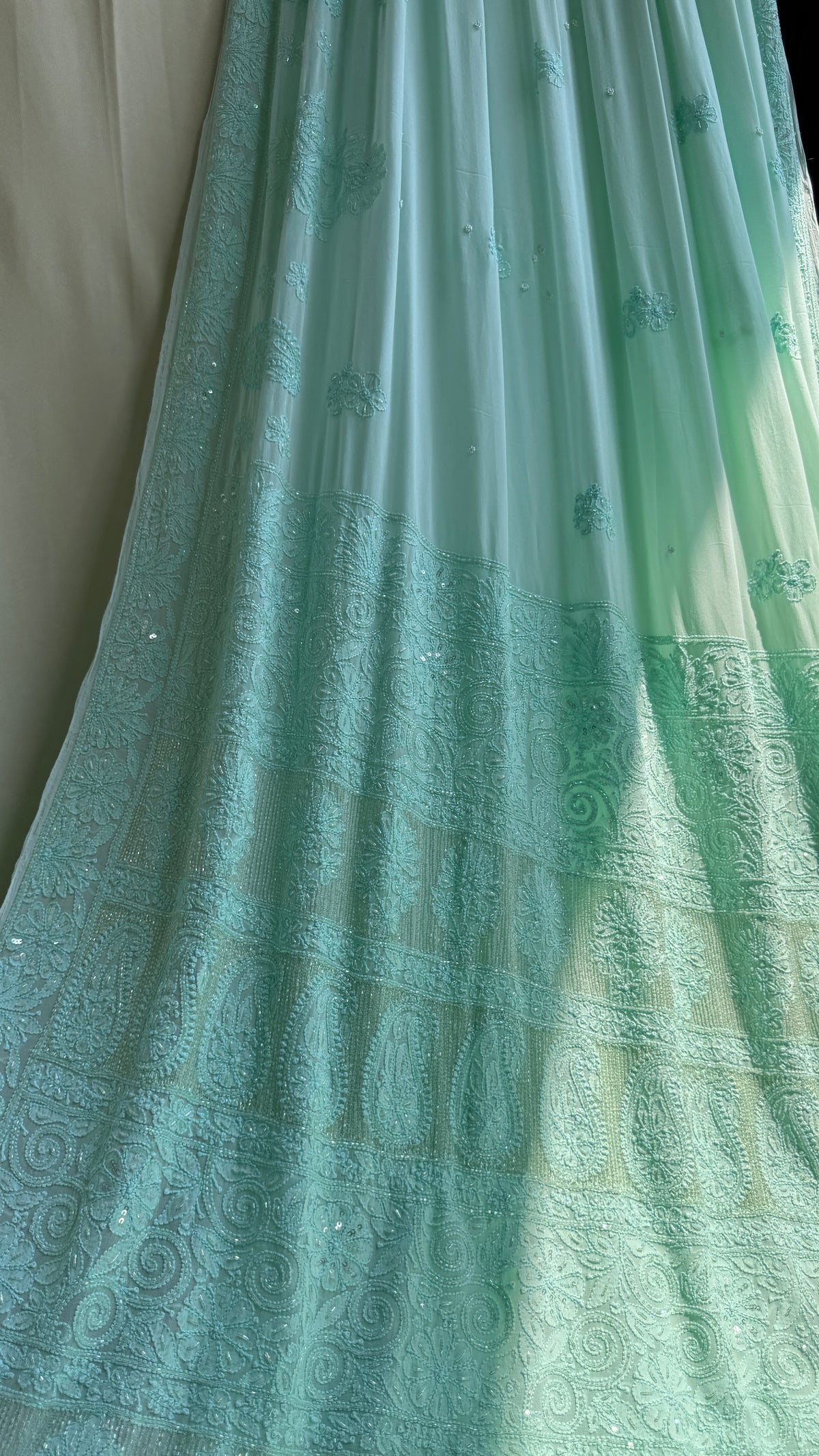 Chikankari saree with Pearl embellishments-Green