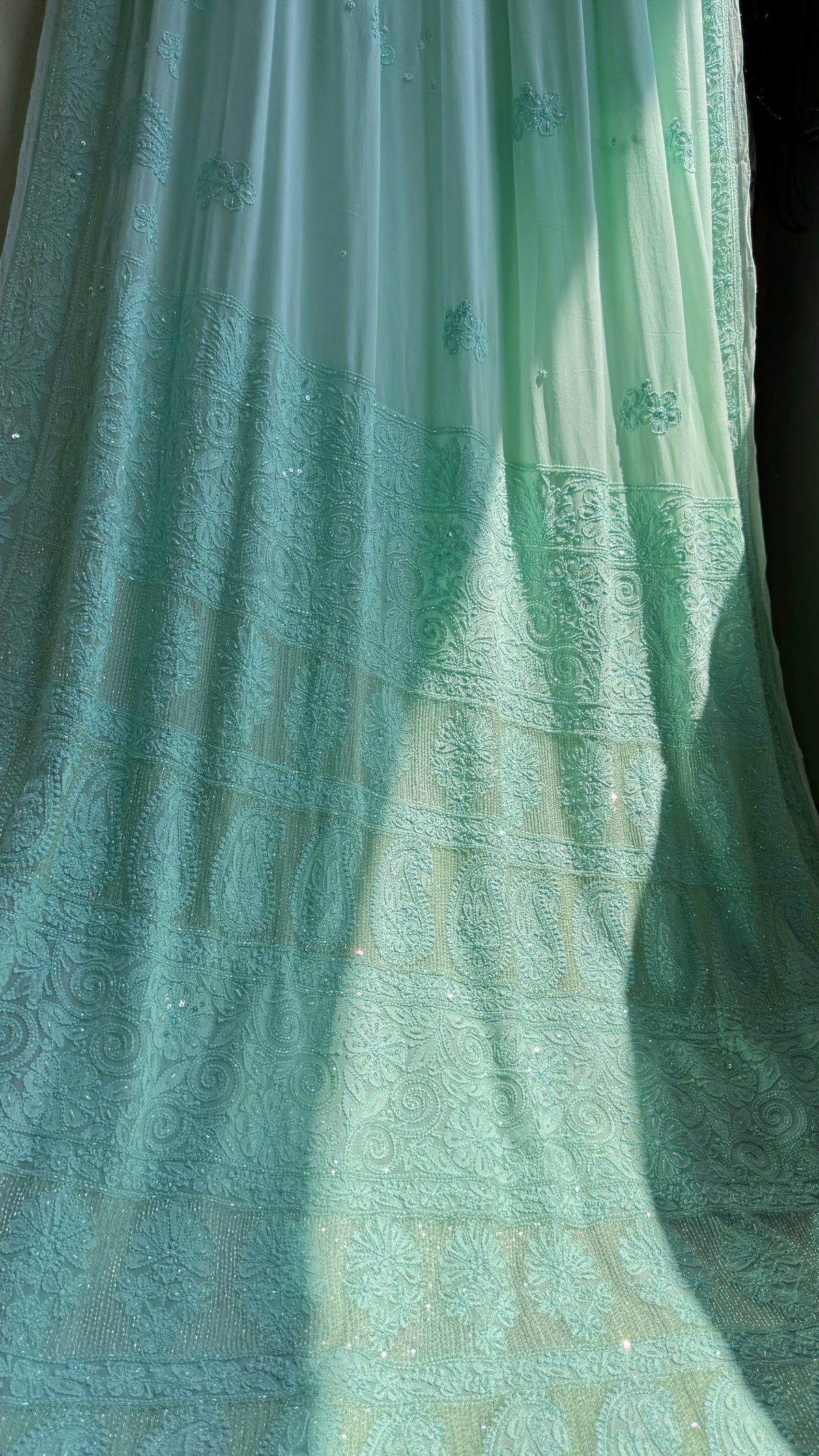 Chikankari saree with Pearl embellishments-Green