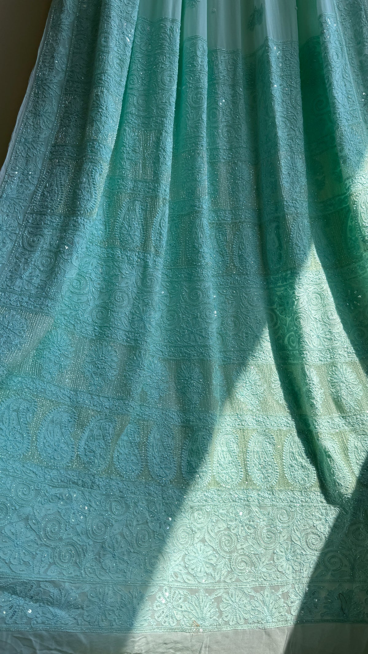Chikankari saree with Pearl embellishments-Green
