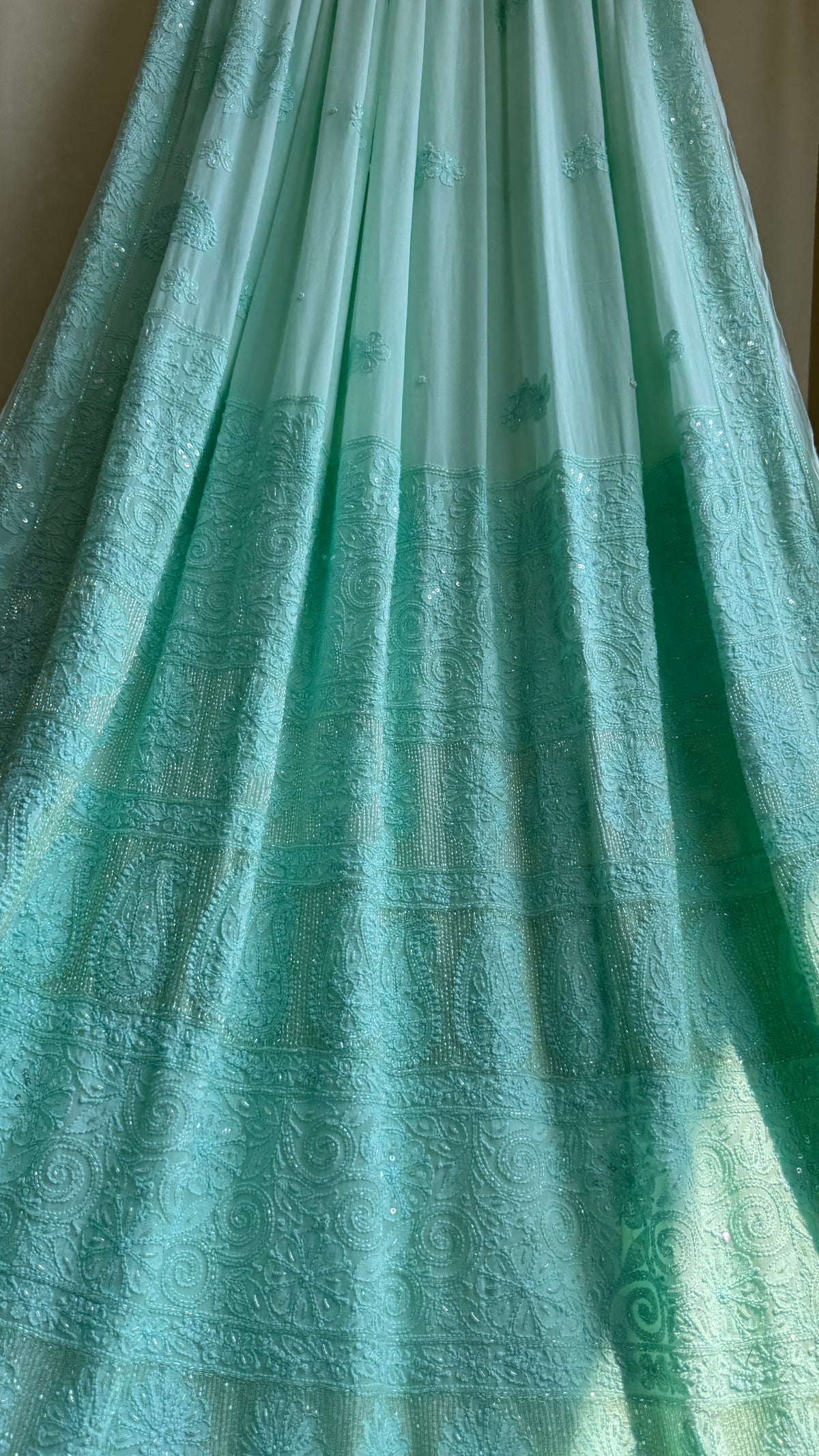 Chikankari saree with Pearl embellishments-Green