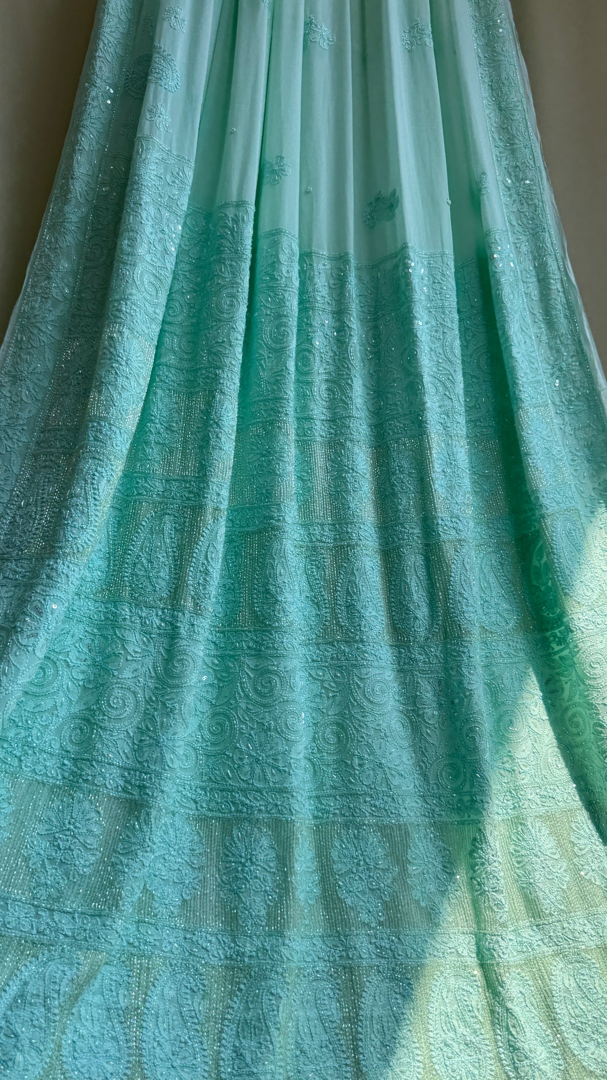 Chikankari saree with Pearl embellishments-Green