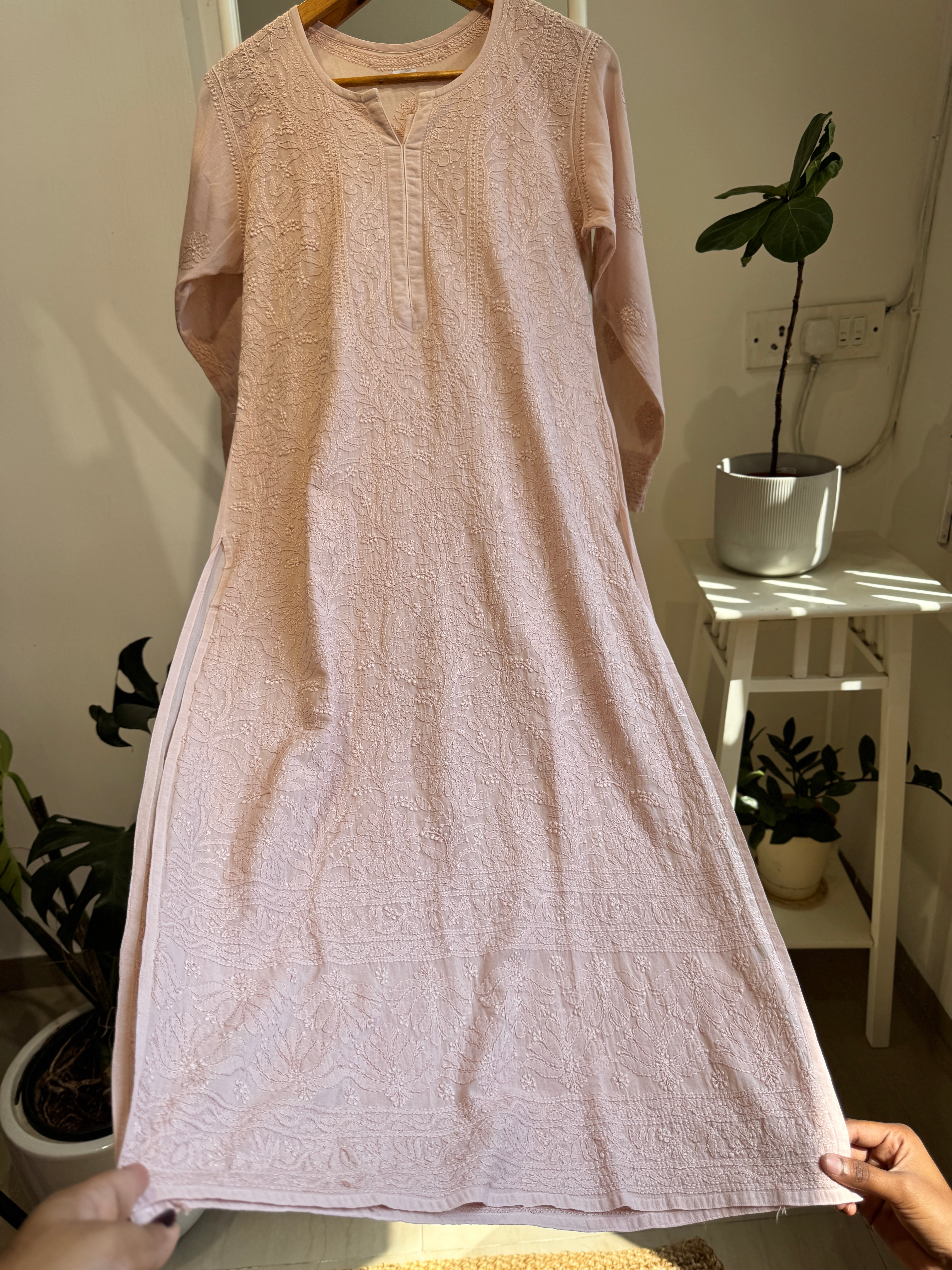 Pure Cotton Chikankari Full Jaal Kurti - Pale Pink - Naaz Collection