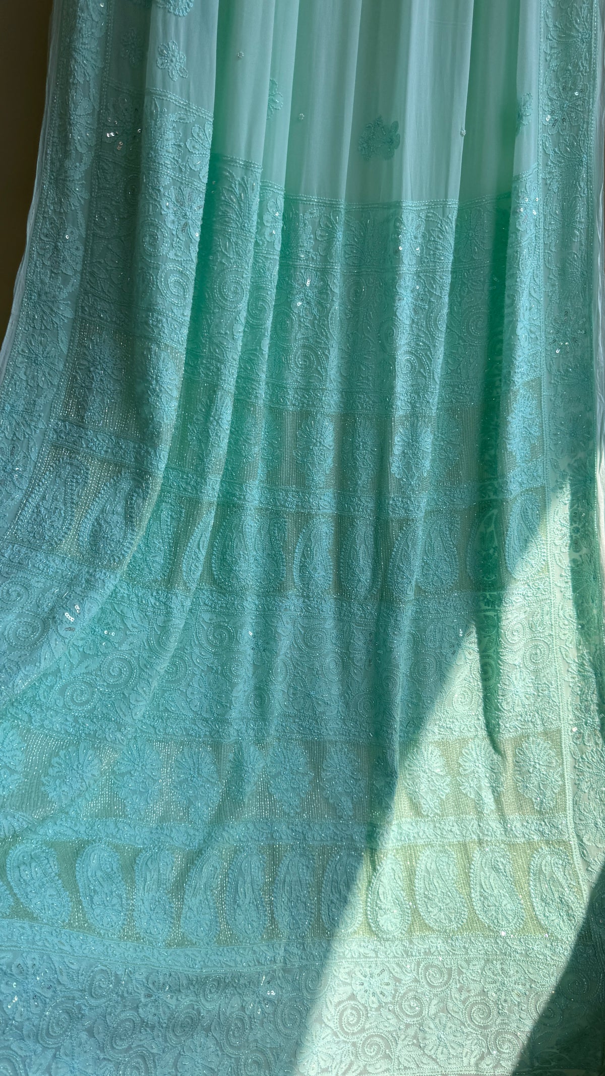 Chikankari saree with Pearl embellishments-Green