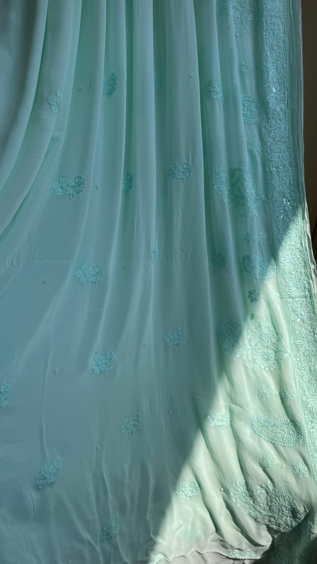 Chikankari saree with Pearl embellishments-Green