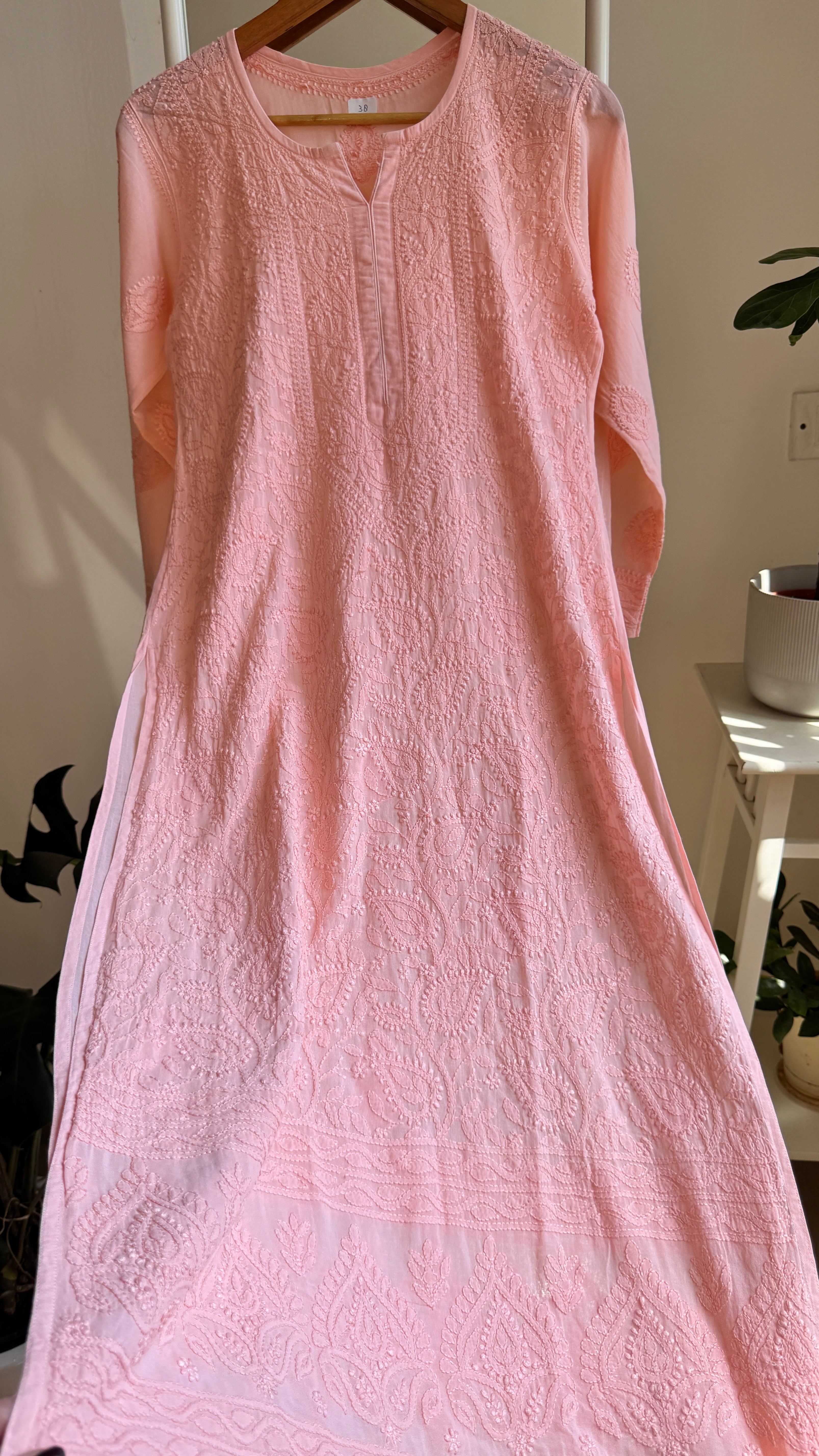 Pure Cotton Chikankari Full Jaal Kurti - Peach - Naaz Collection