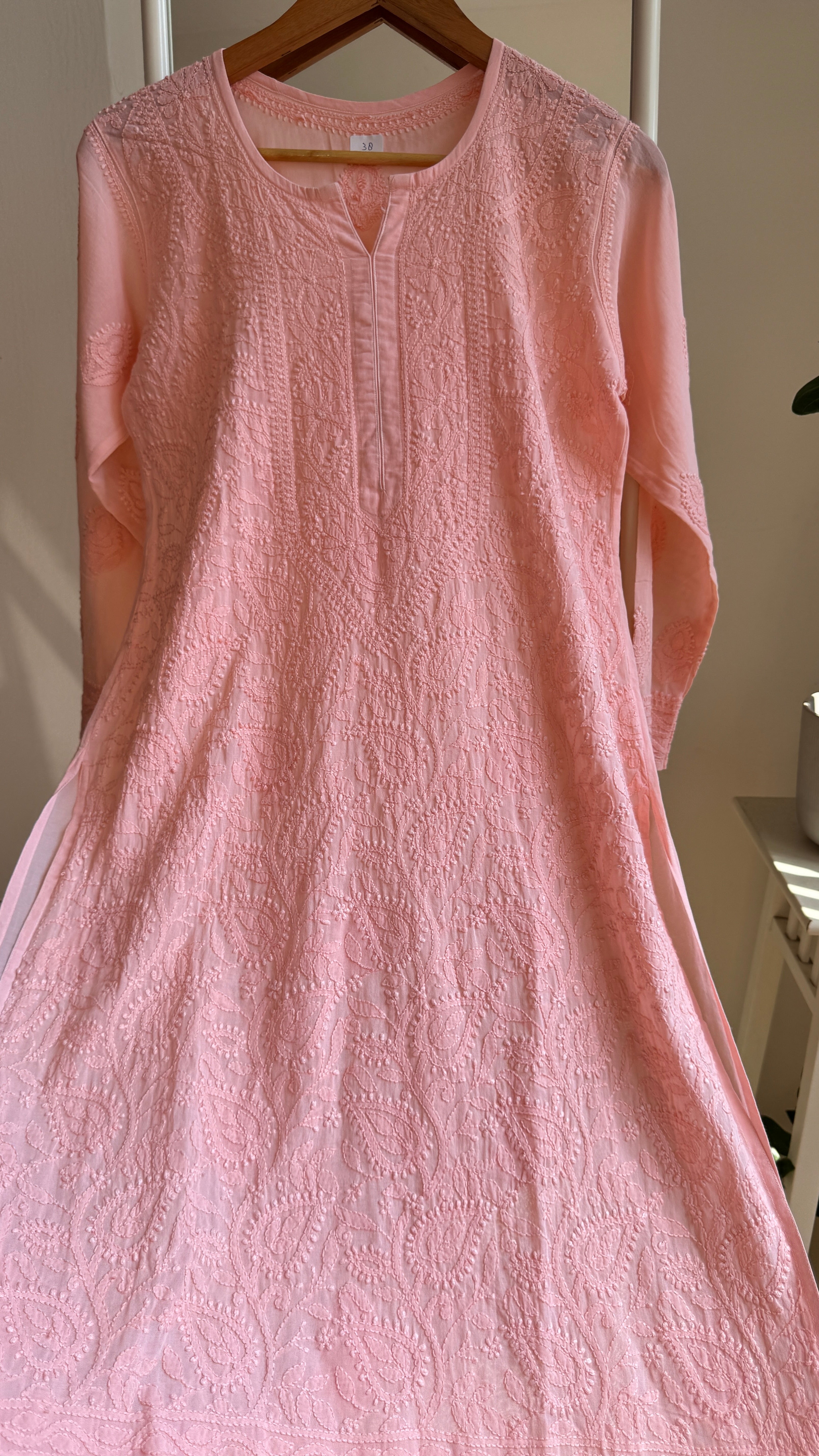 Pure Cotton Chikankari Full Jaal Kurti - Peach - Naaz Collection