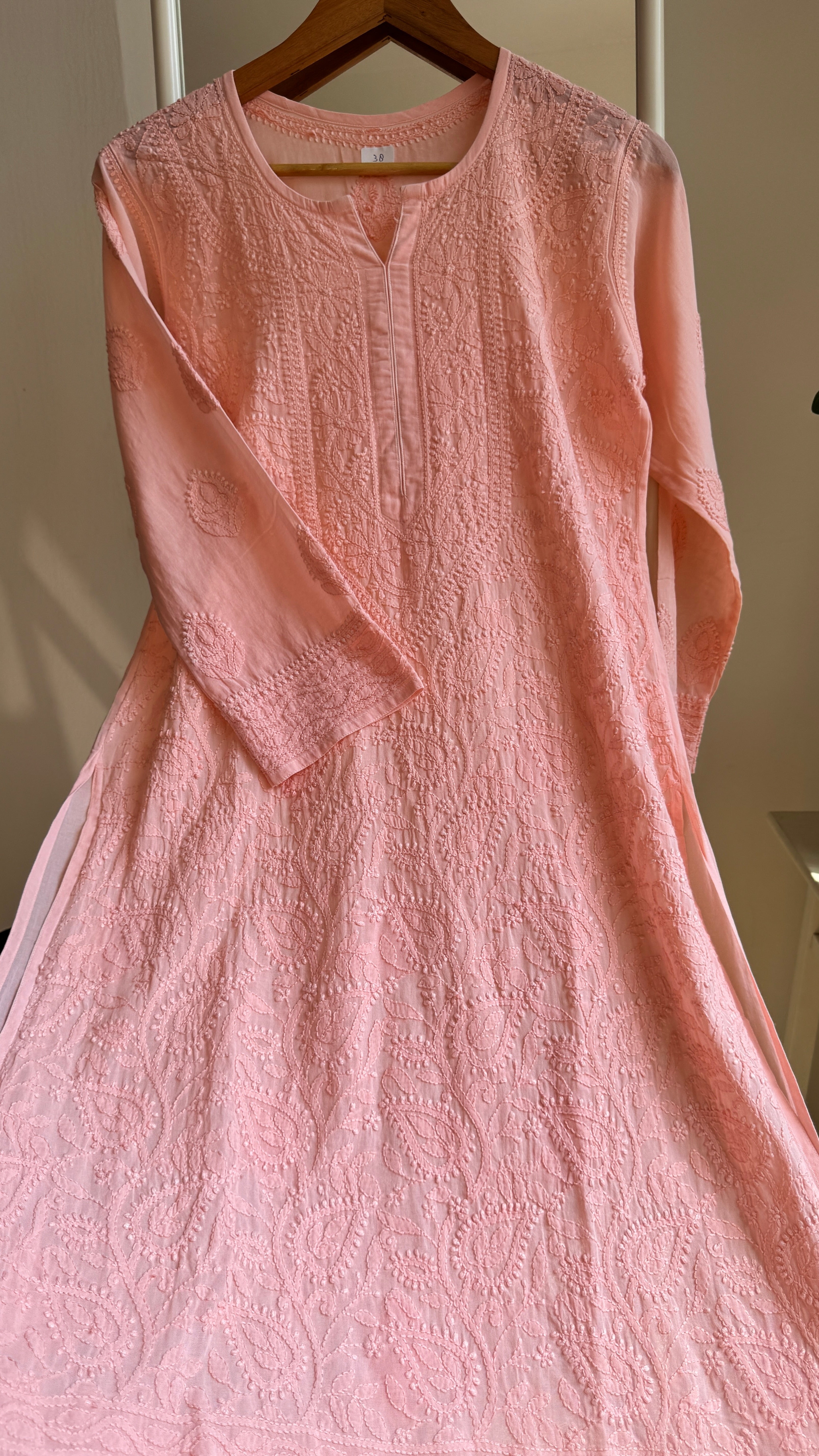 Pure Cotton Chikankari Full Jaal Kurti - Peach - Naaz Collection