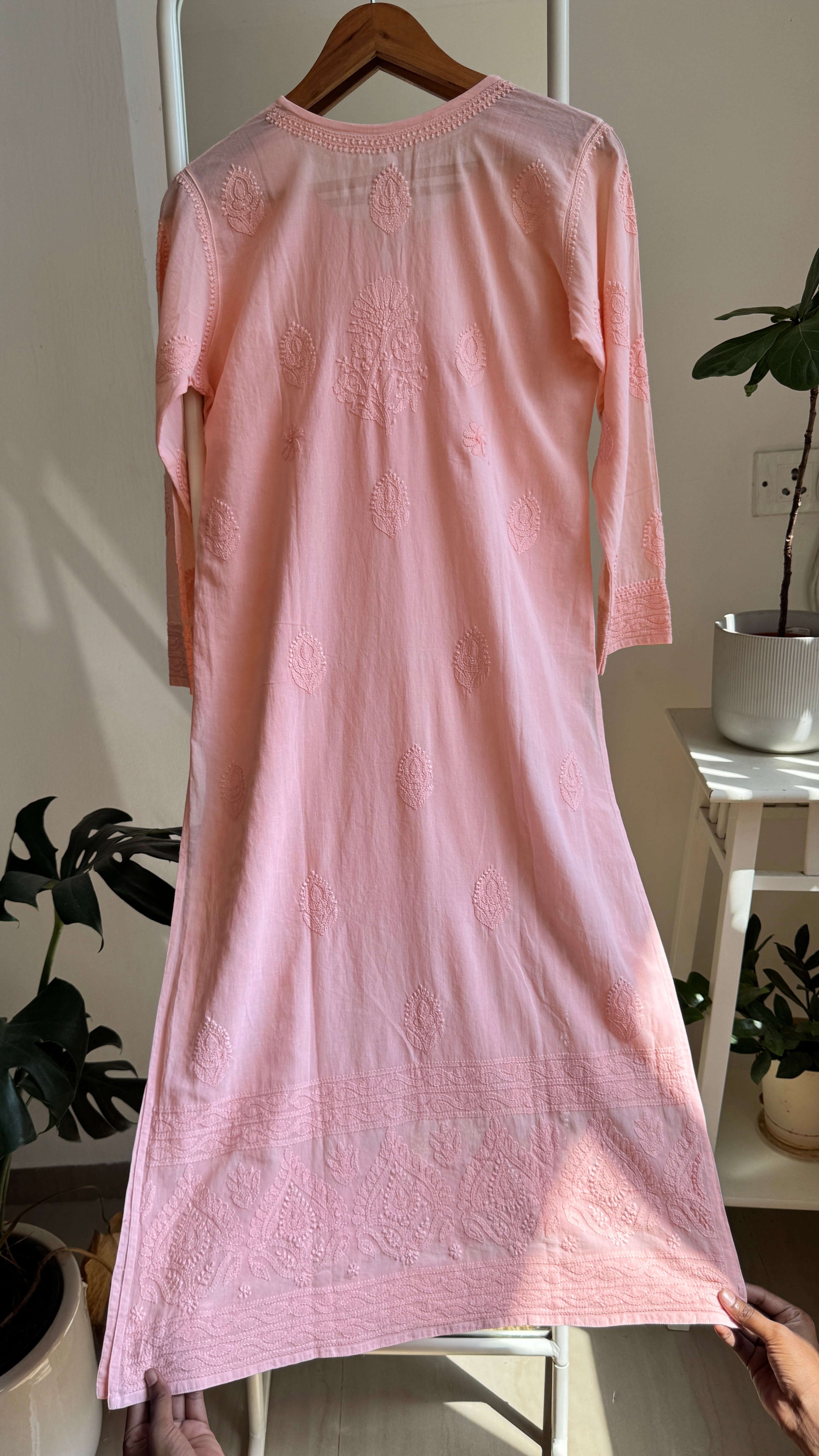 Pure Cotton Chikankari Full Jaal Kurti - Peach - Naaz Collection