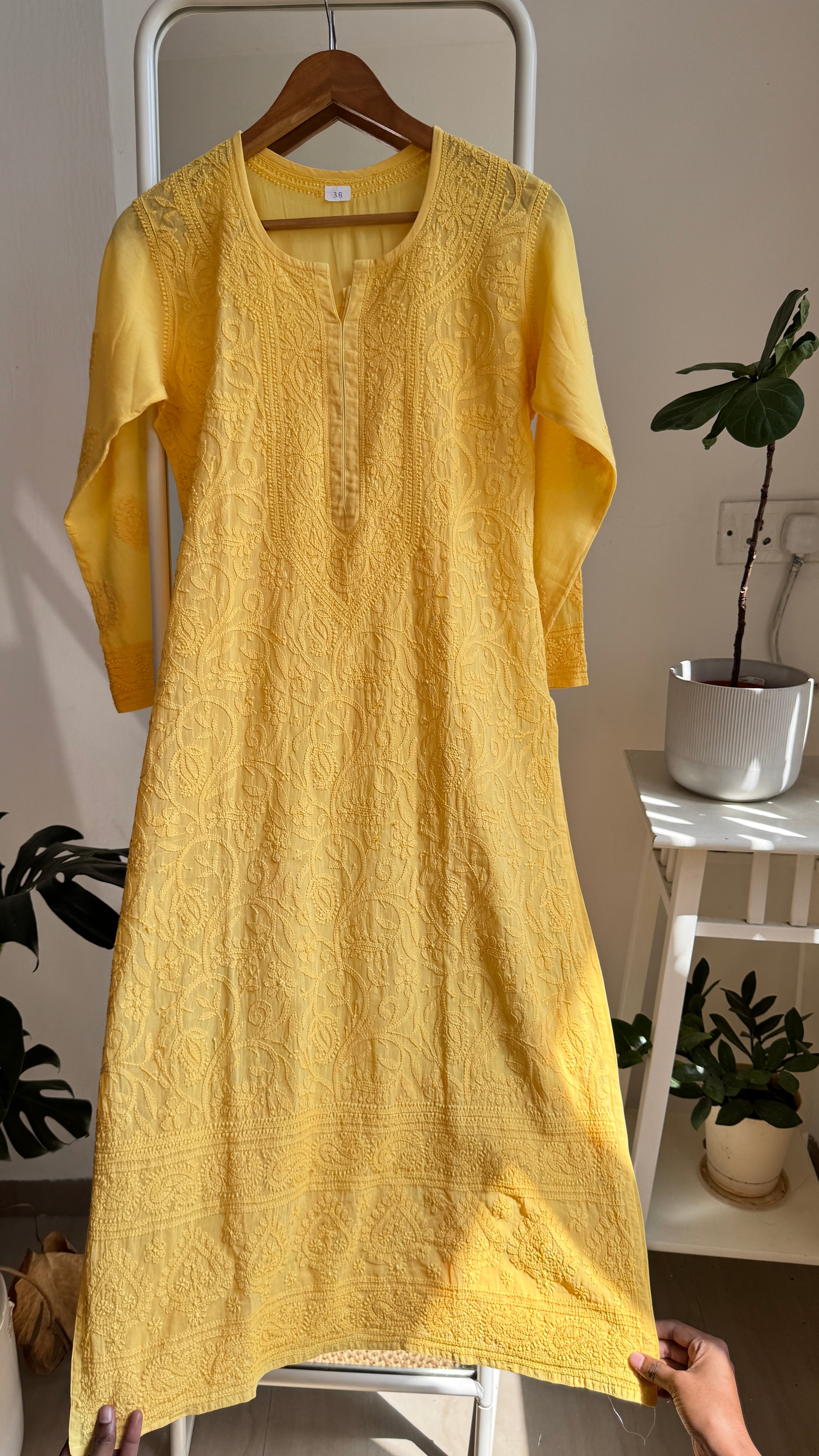 Pure Cotton Chikankari Full Jaal Kurti - Yellow - Naaz Collection