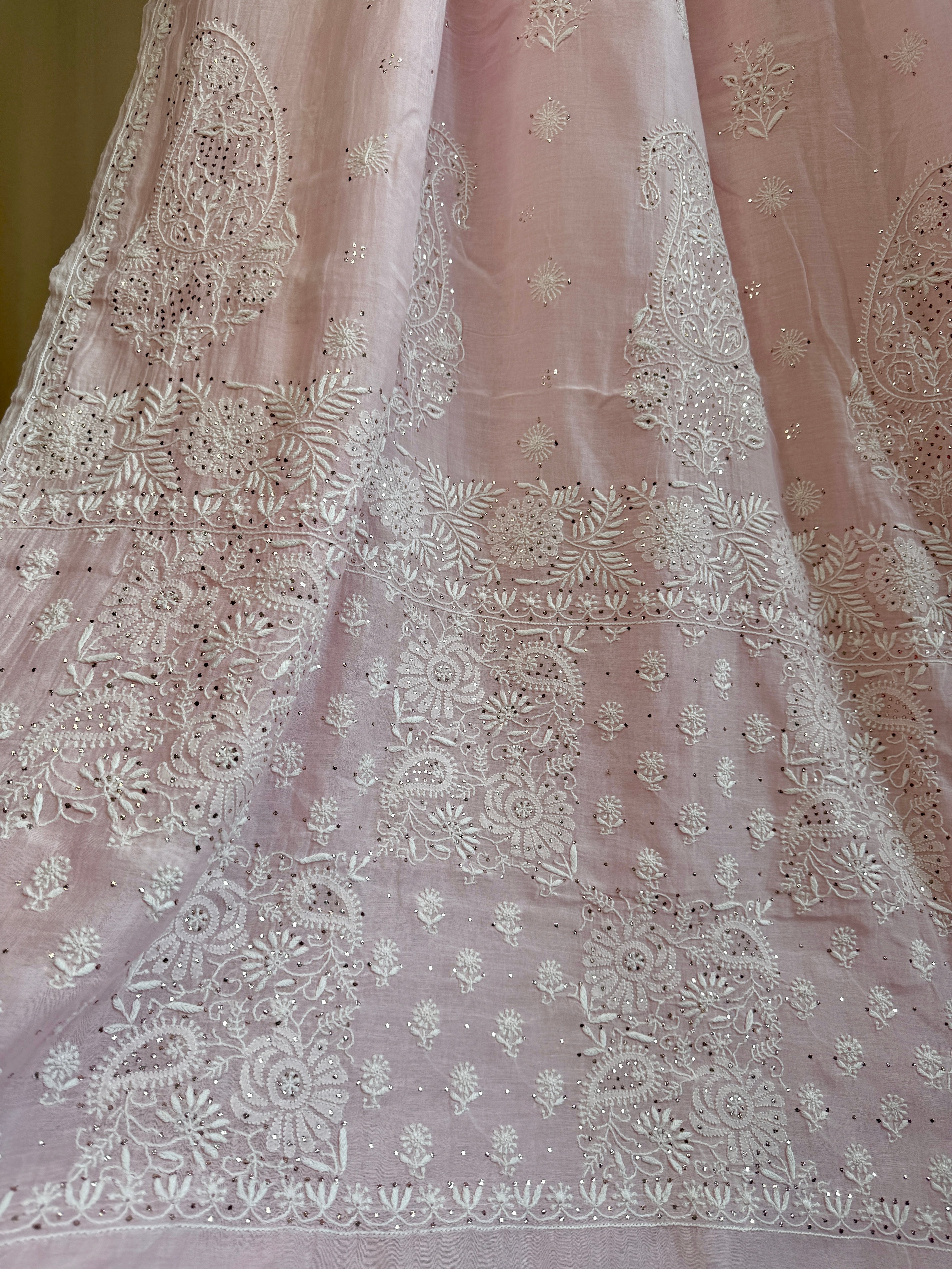 Pure Mul Cotton Chikankari saree in Pink with Mukaish work ARIAA CHIKANKARI 
