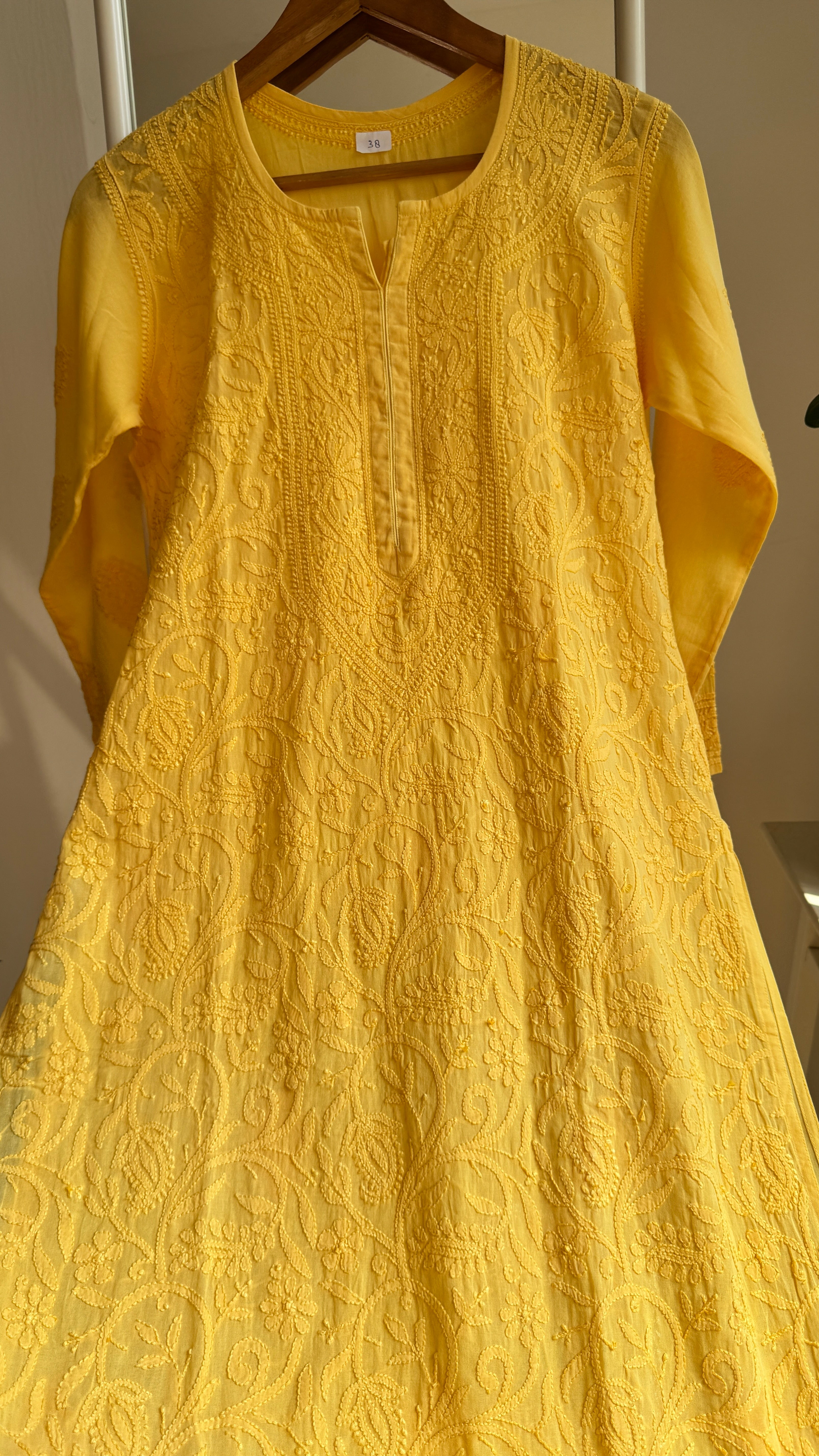Pure Cotton Chikankari Full Jaal Kurti - Yellow - Naaz Collection