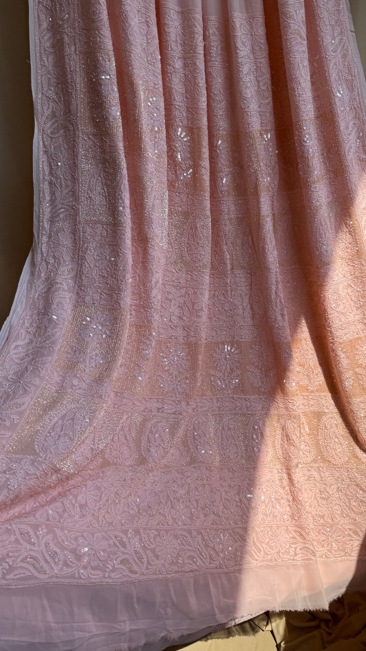 Viscose Chikankari saree with Pearl embellishments -Peach