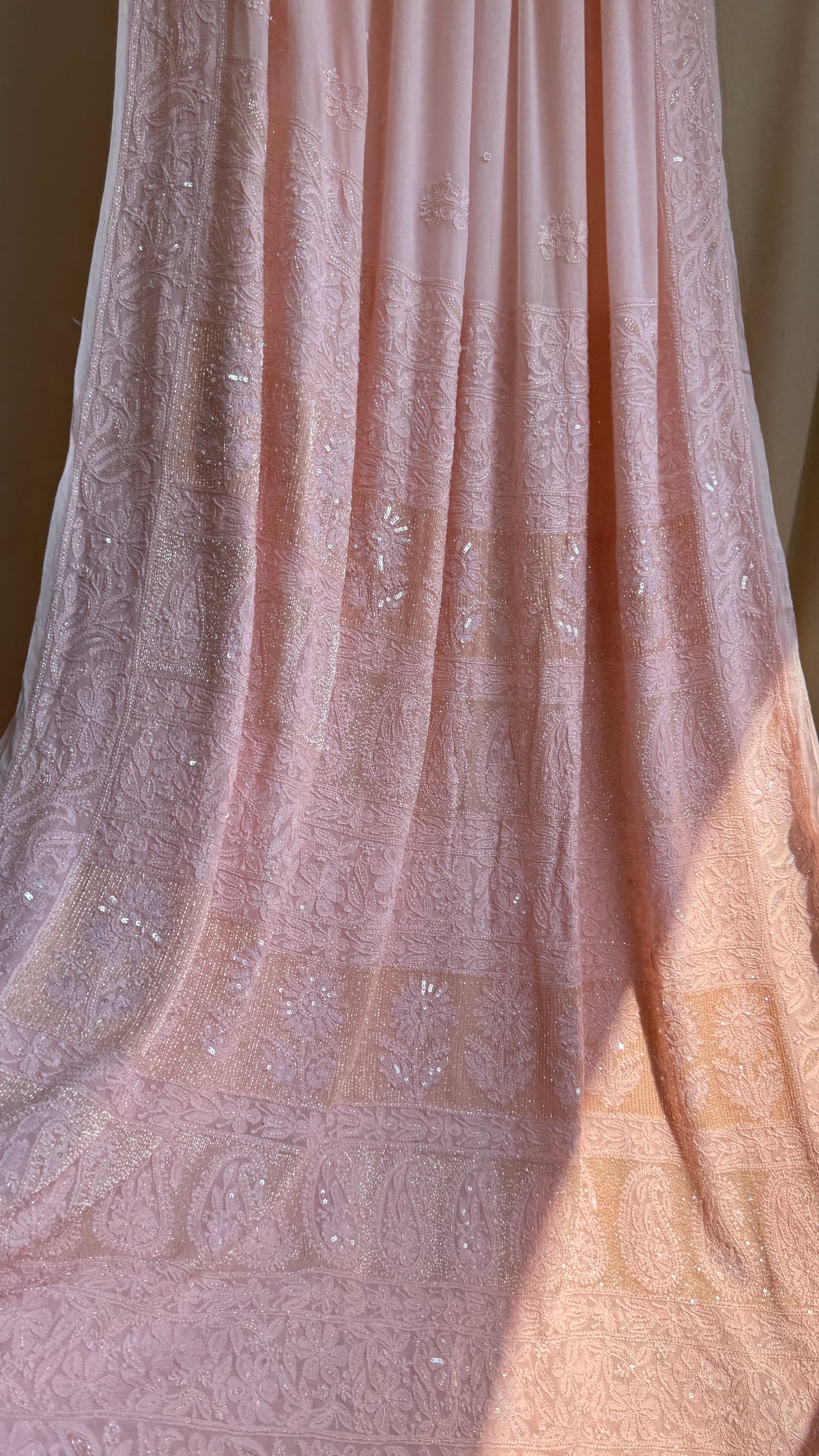 Viscose Chikankari saree with Pearl embellishments -Peach