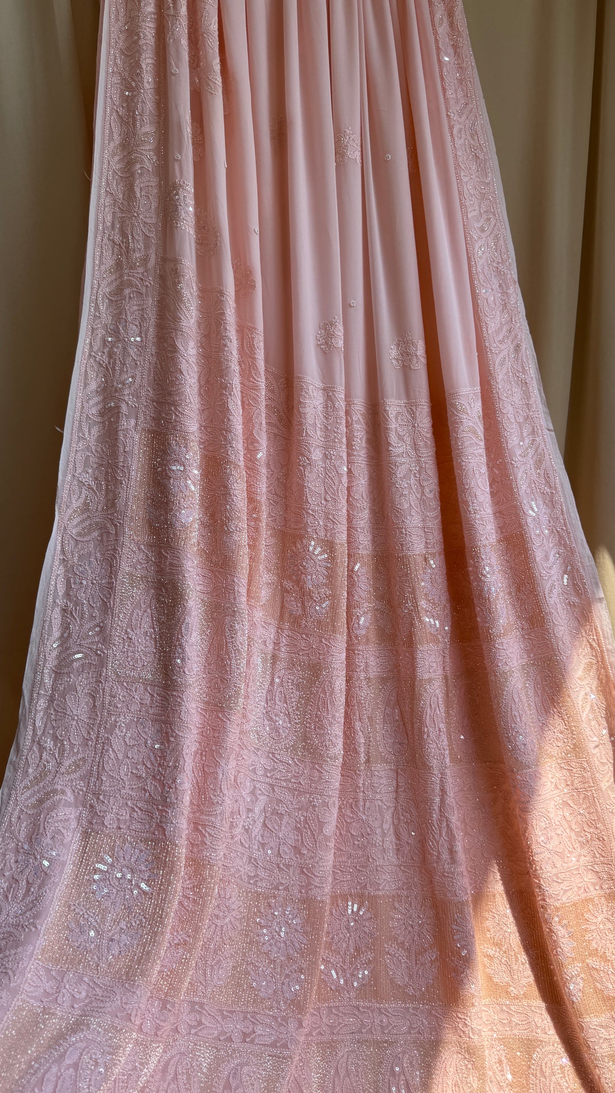 Viscose Chikankari saree with Pearl embellishments -Peach