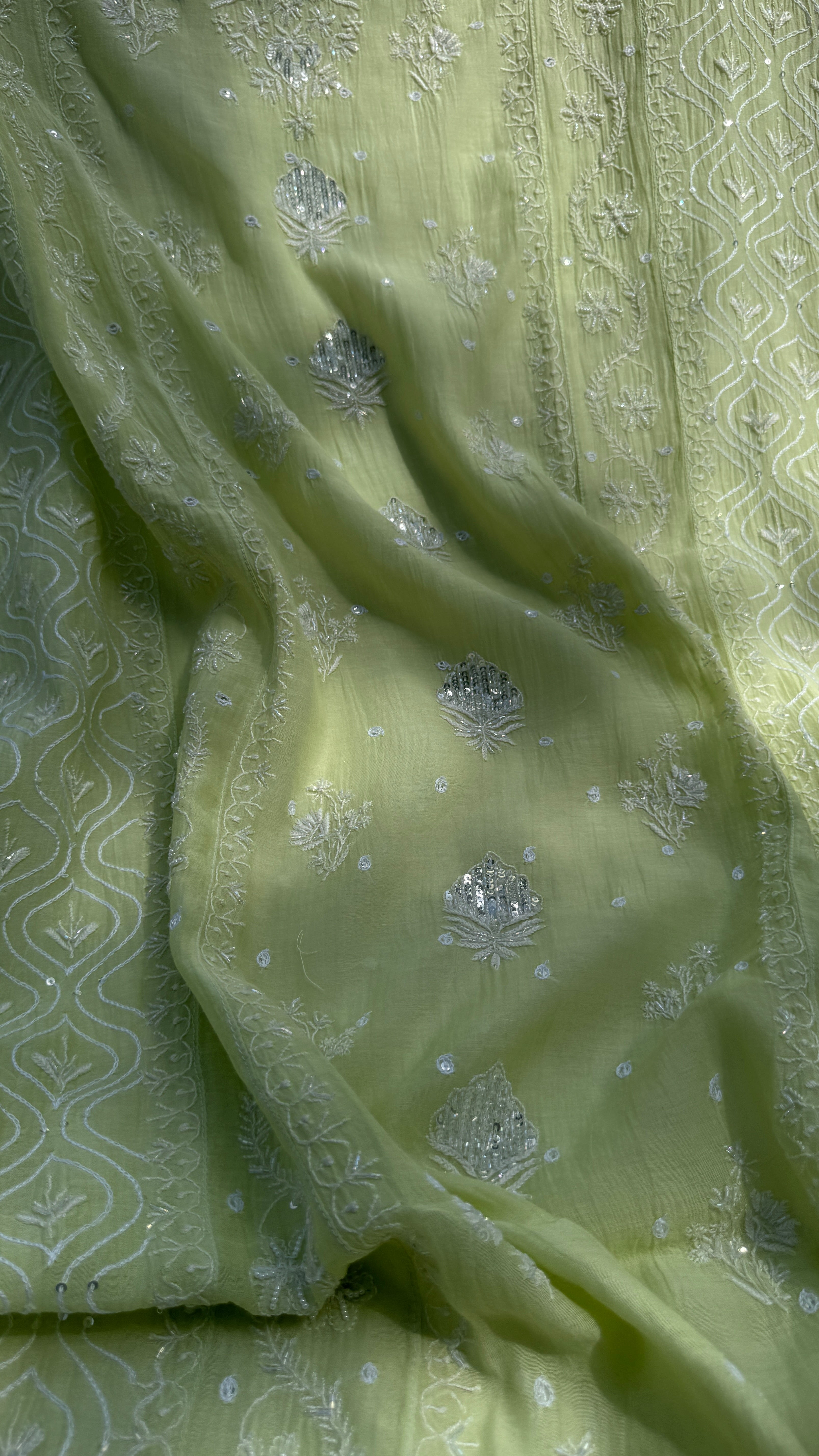 Mul Chanderi Chikankari - Unstitched Set - Lime Green