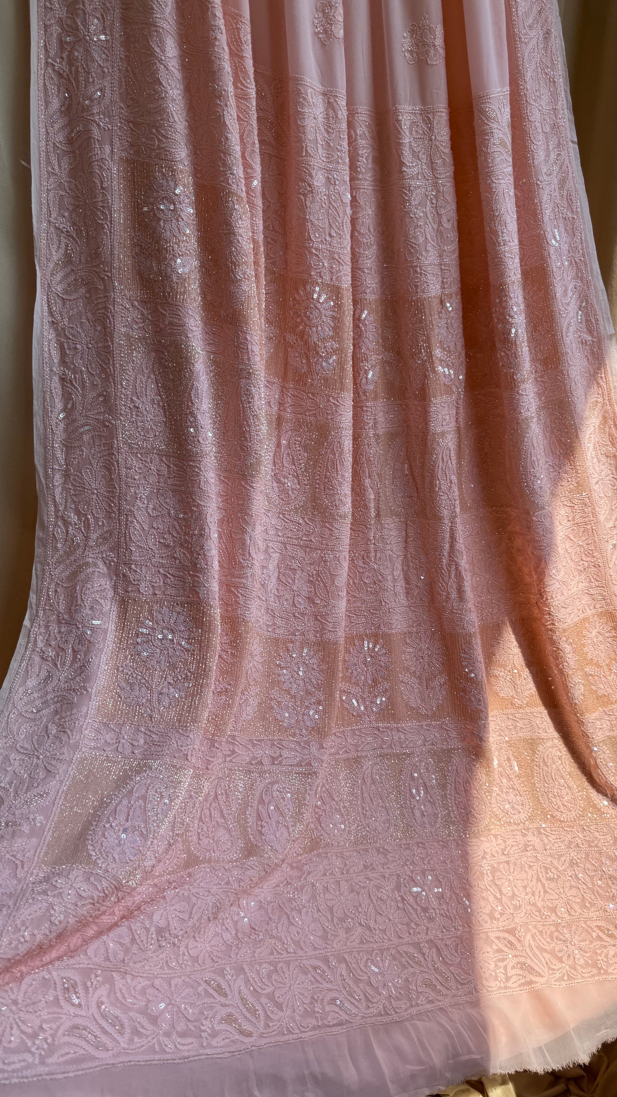 Viscose Chikankari saree with Pearl embellishments -Peach