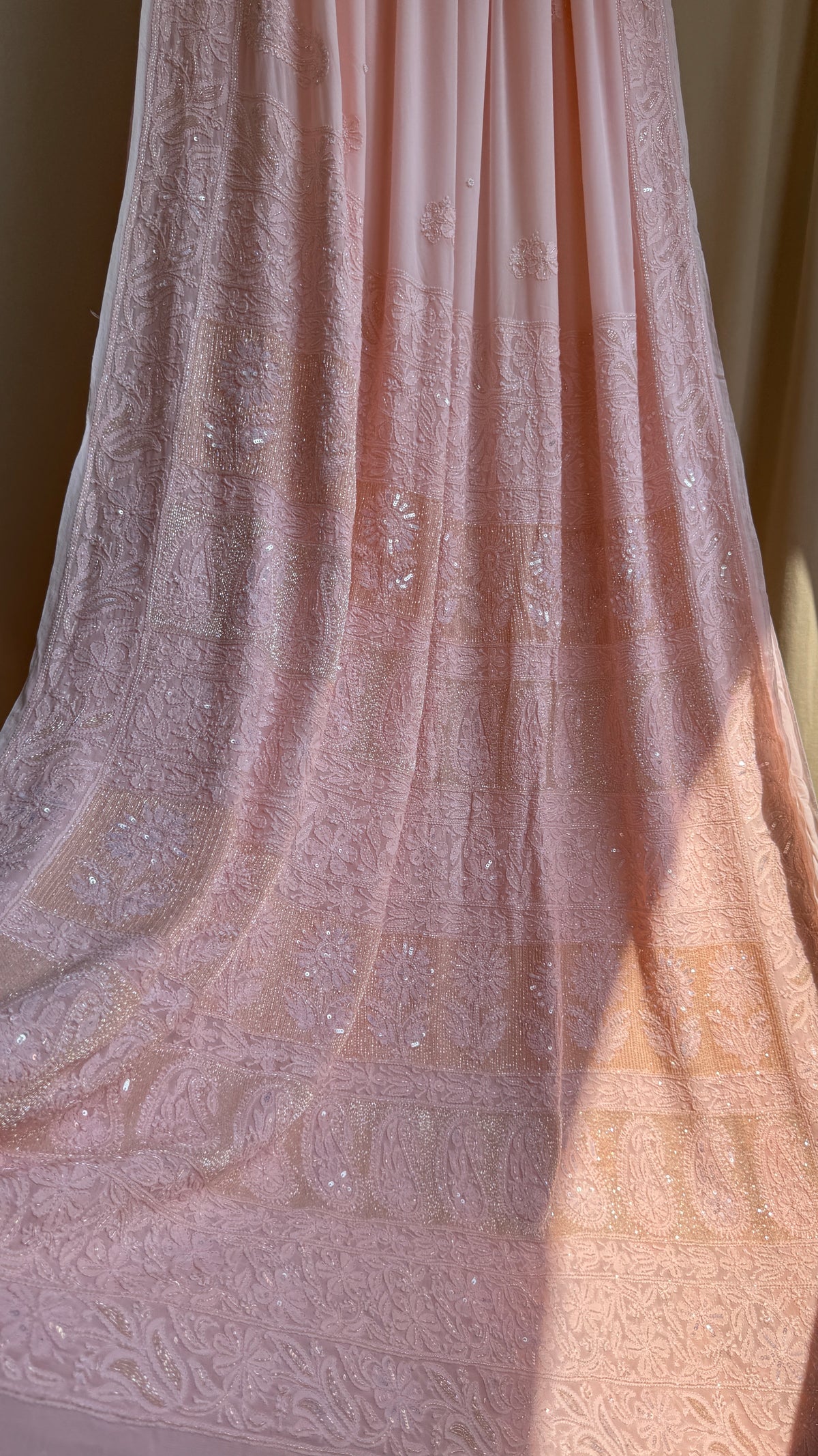 Viscose Chikankari saree with Pearl embellishments -Peach