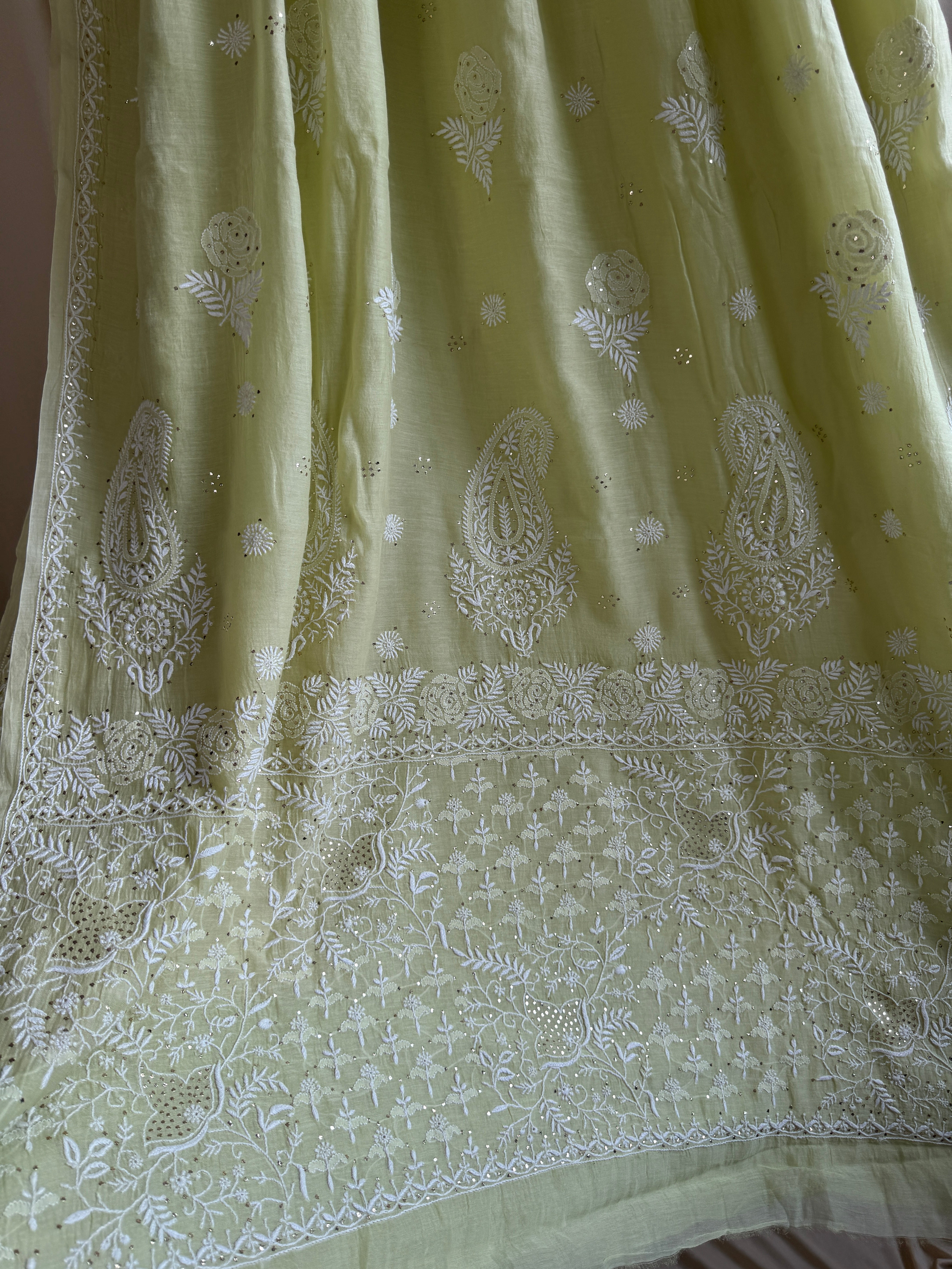 Pure Mul Cotton Chikankari saree in Green with Mukaish work