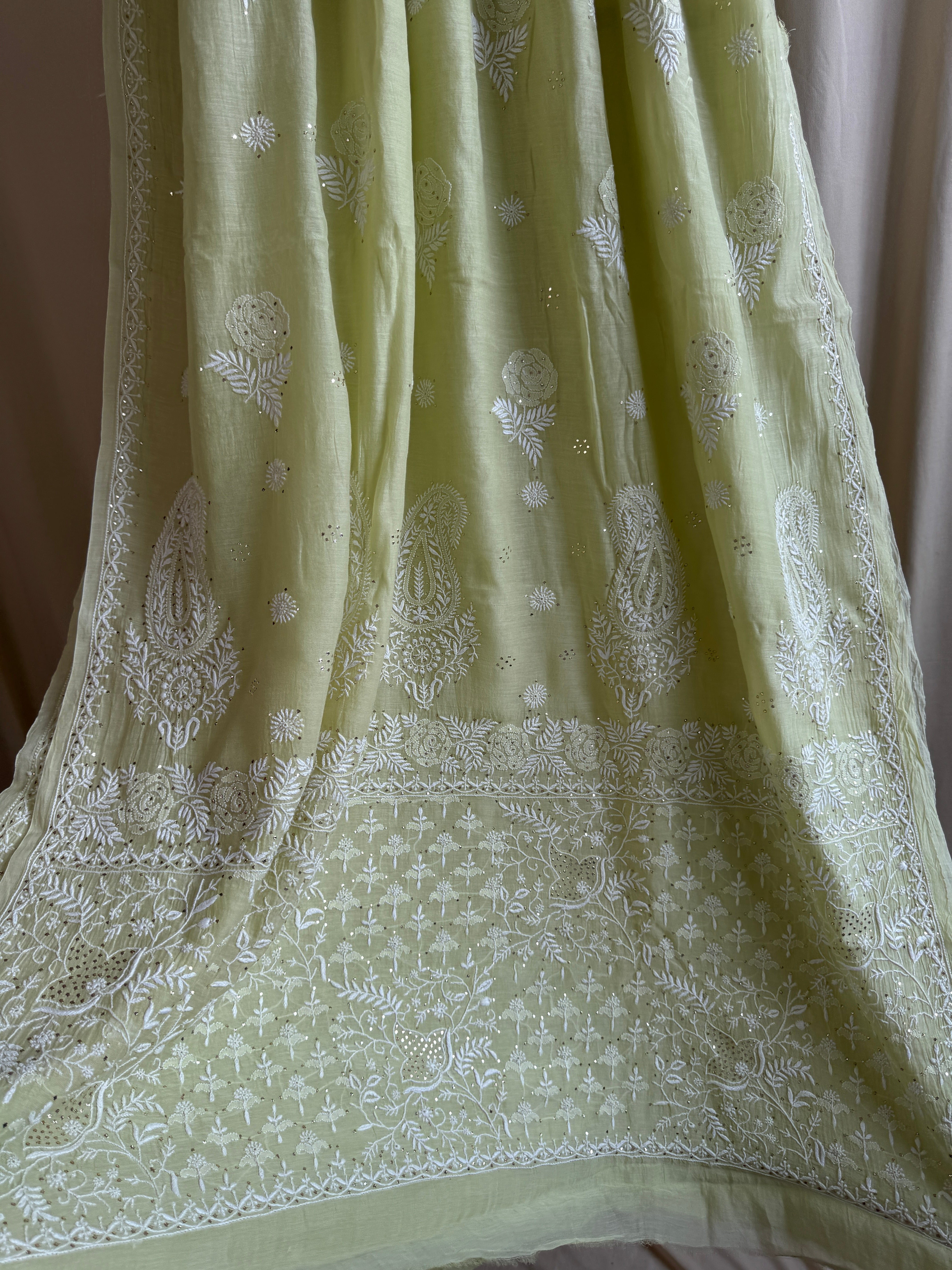 Pure Mul Cotton Chikankari saree in Green with Mukaish work