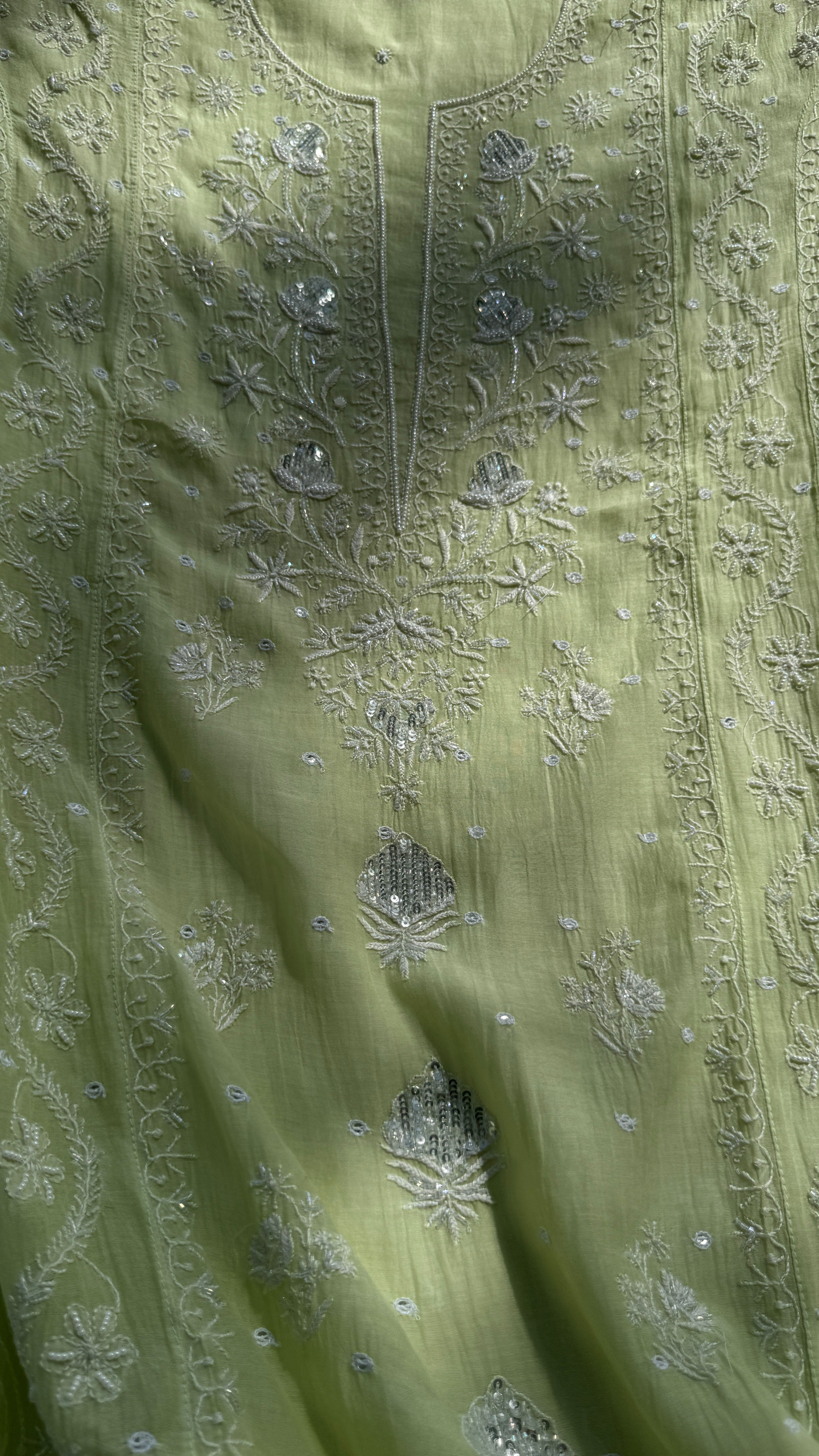 Mul Chanderi Chikankari - Unstitched Set - Lime Green