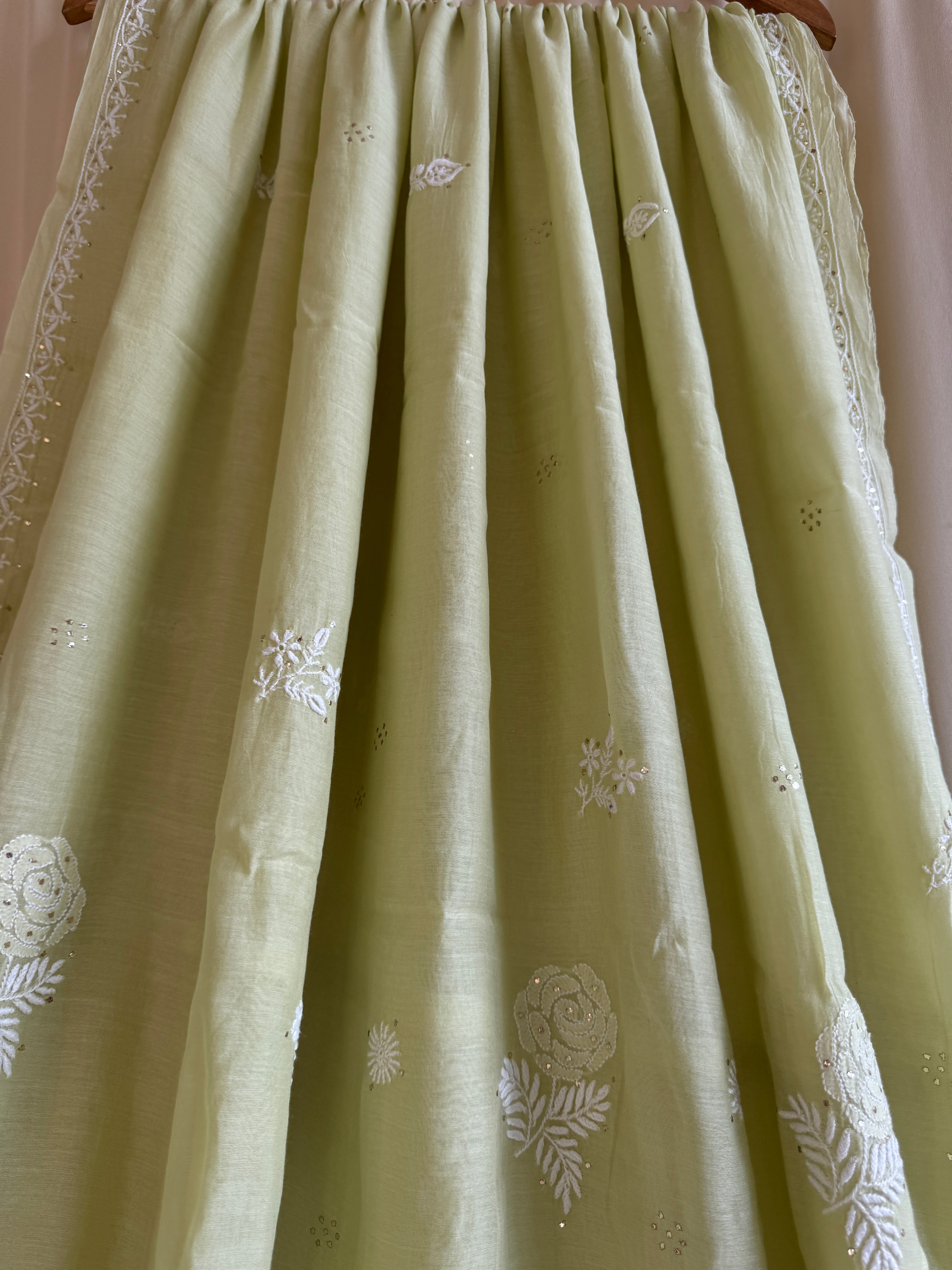 Pure Mul Cotton Chikankari saree in Green with Mukaish work