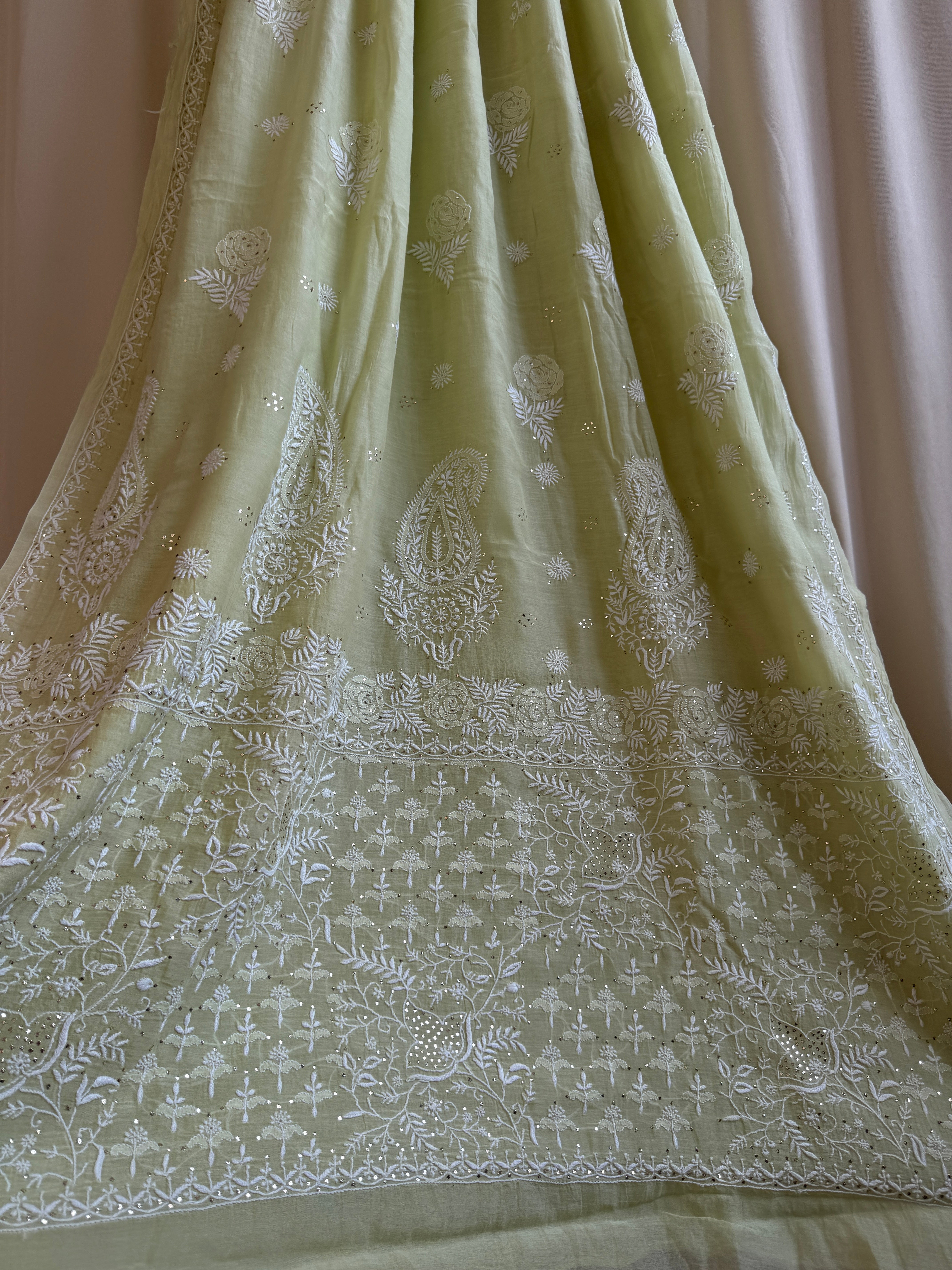 Pure Mul Cotton Chikankari saree in Green with Mukaish work