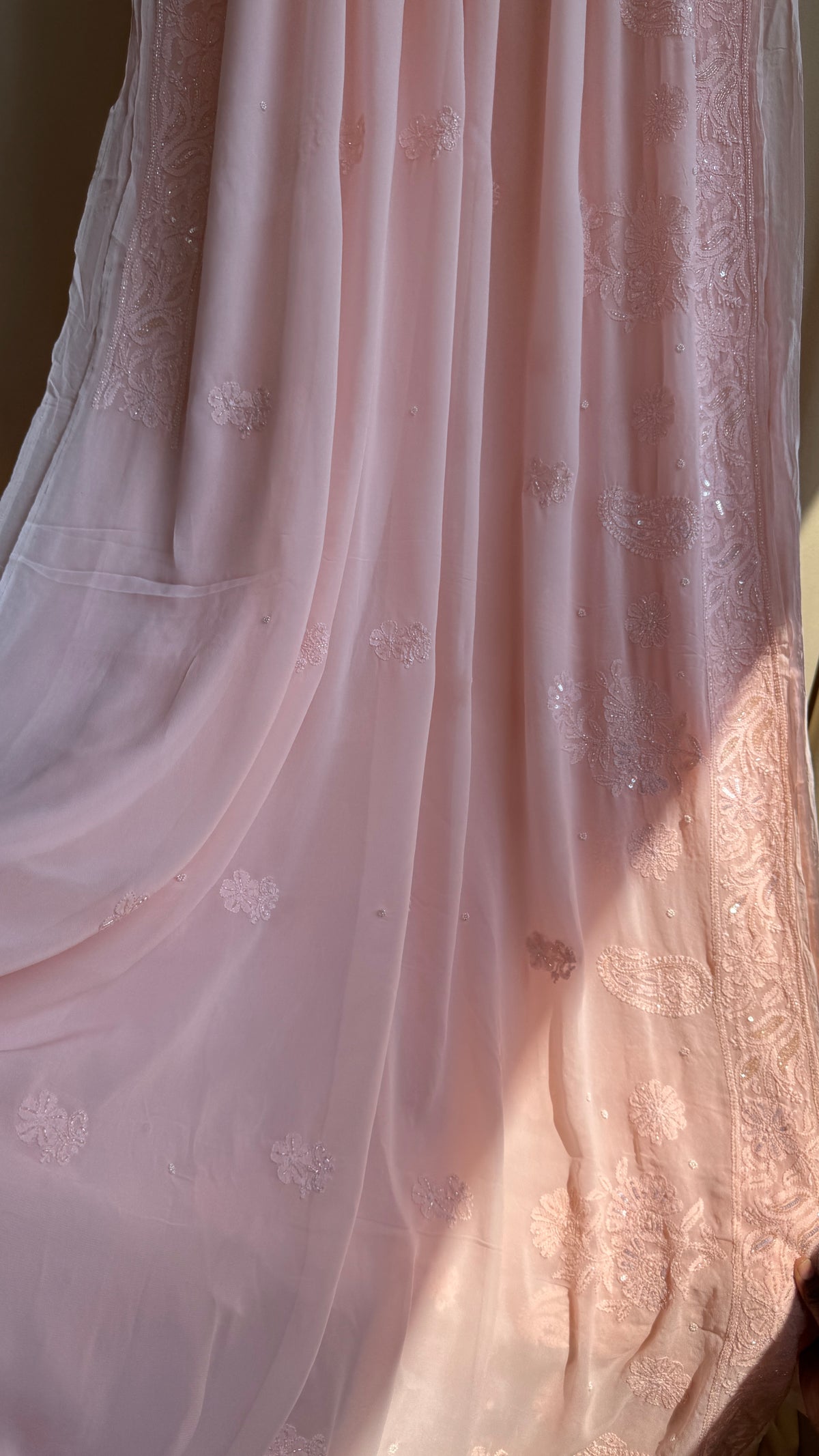 Viscose Chikankari saree with Pearl embellishments -Peach