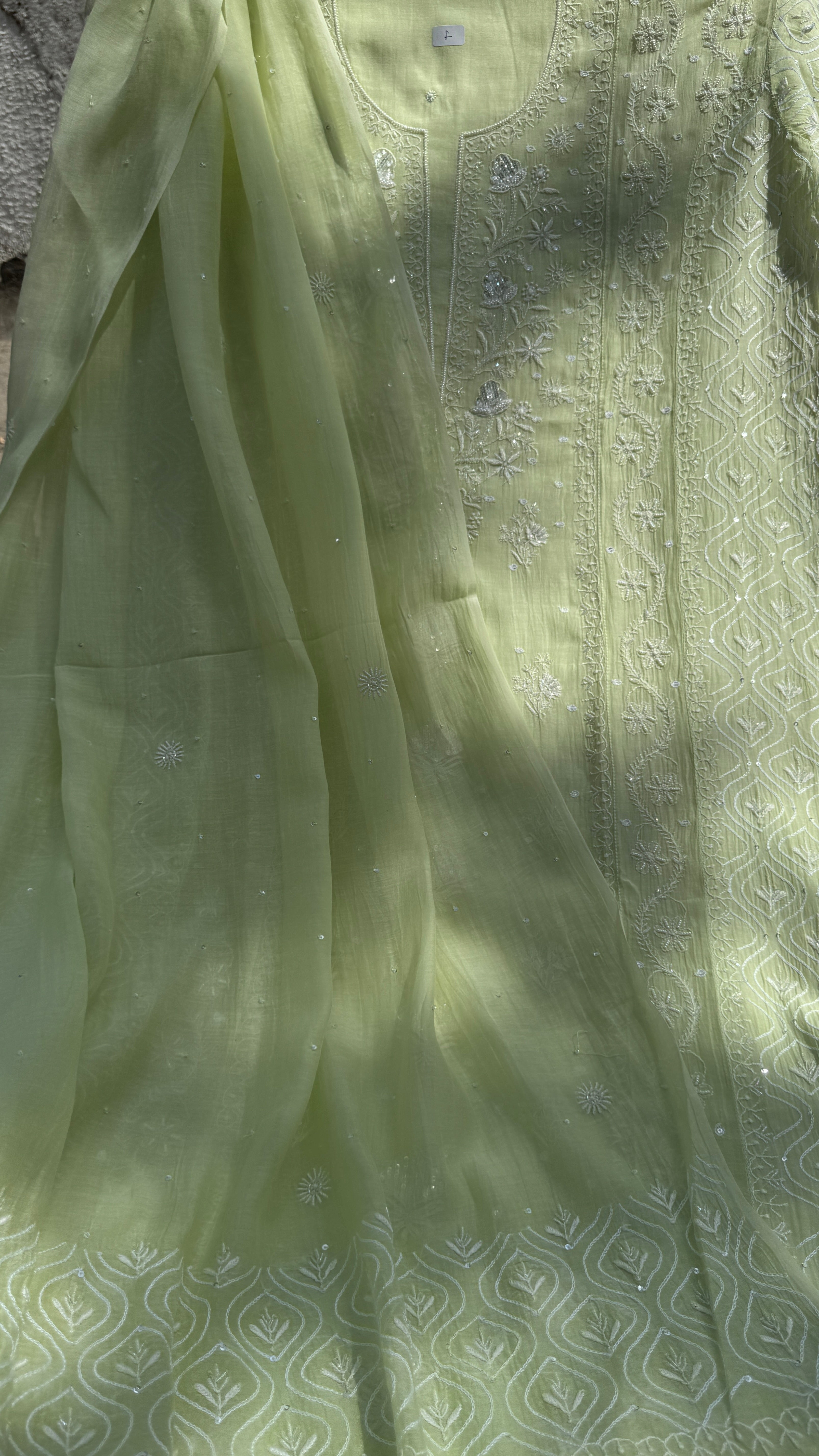 Mul Chanderi Chikankari - Unstitched Set - Lime Green