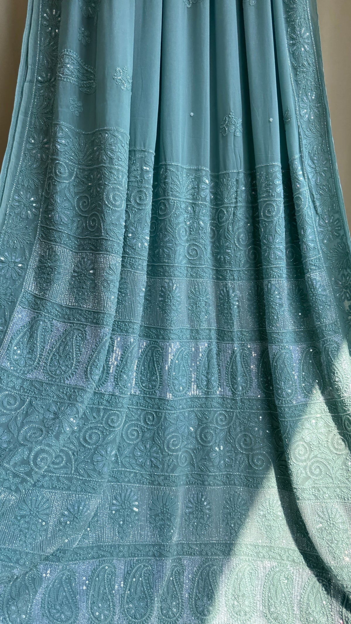 Chikankari saree with Pearl embellishments- Sage Green