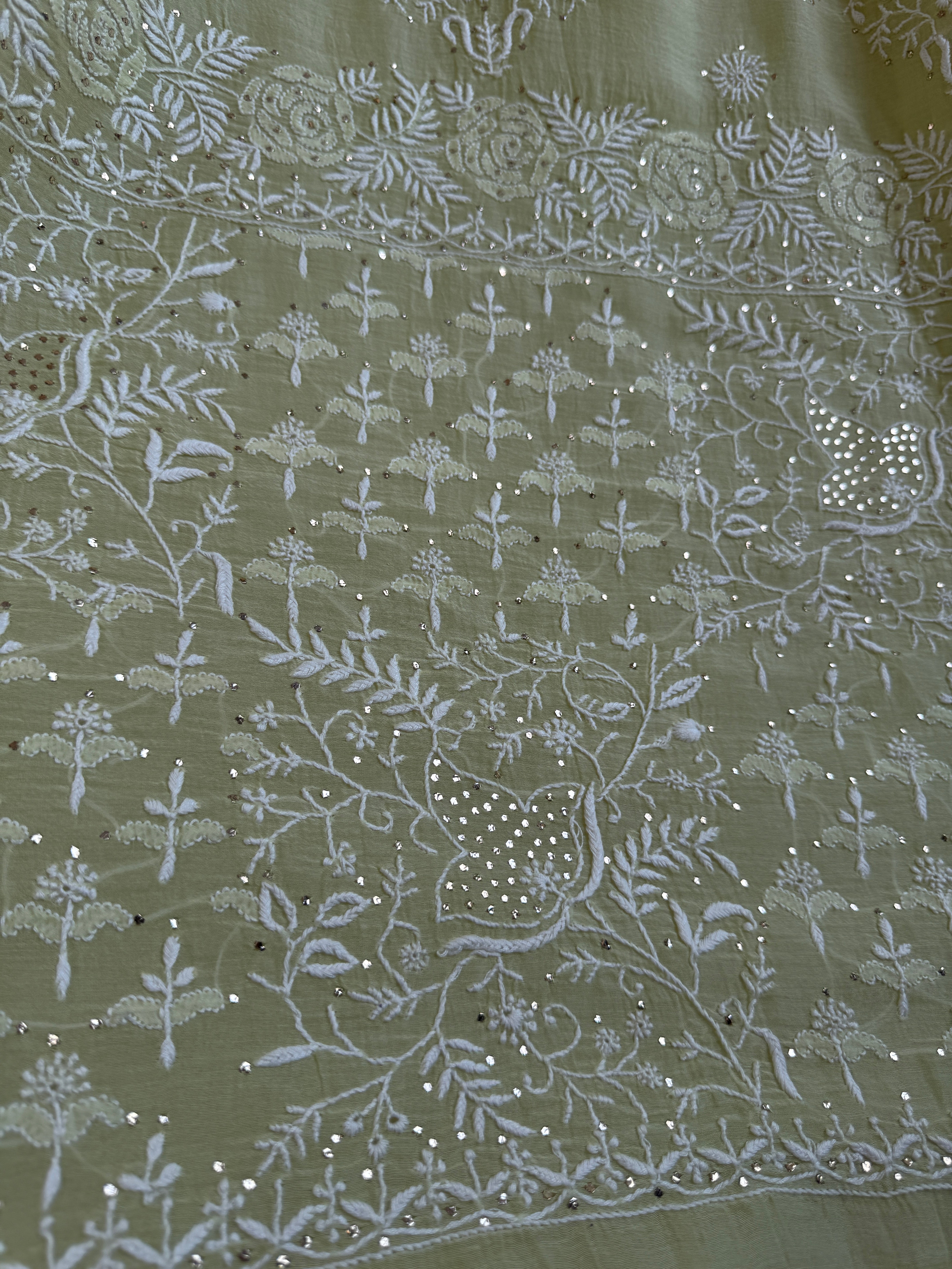 Pure Mul Cotton Chikankari saree in Green with Mukaish work