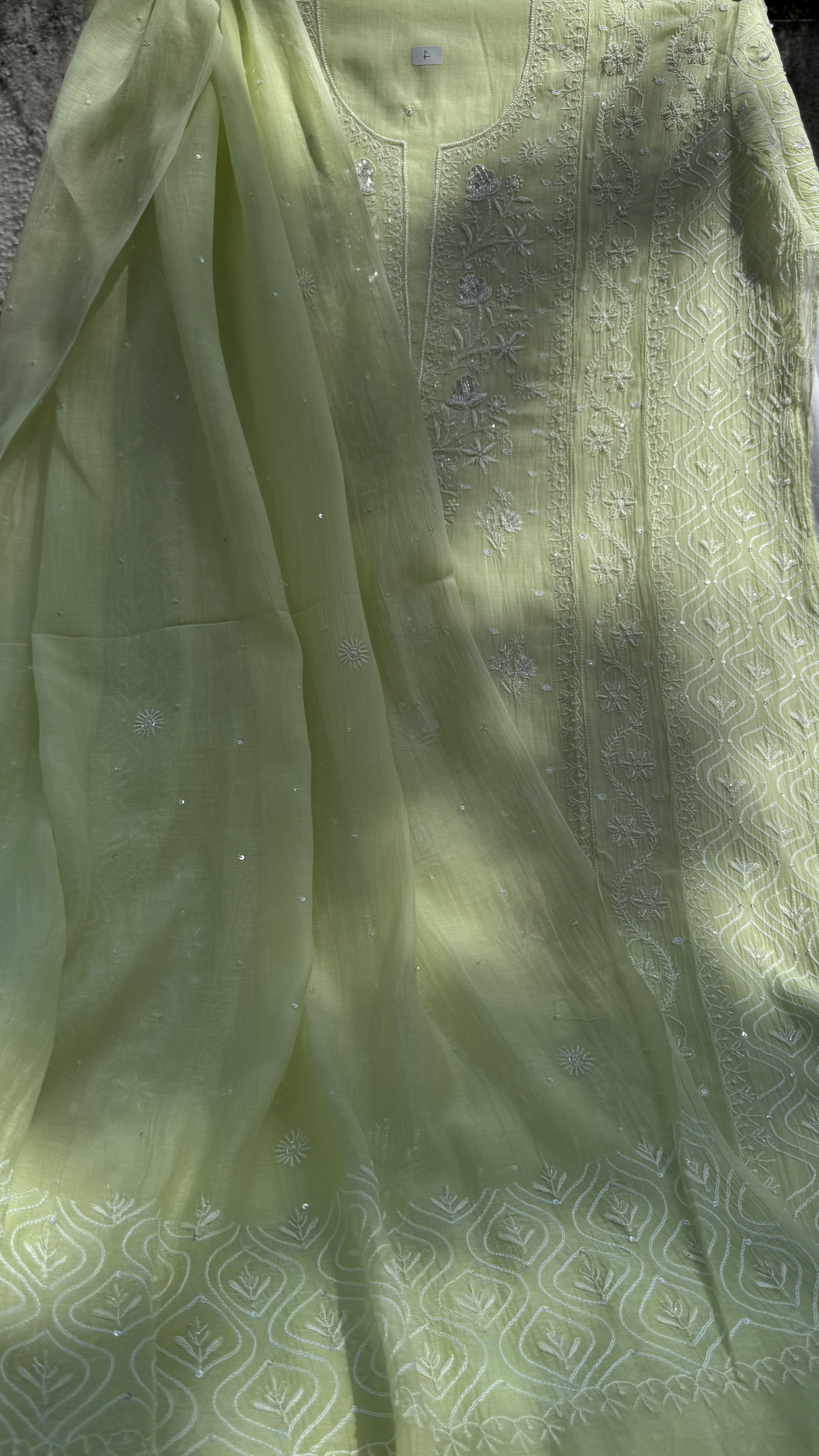 Mul Chanderi Chikankari - Unstitched Set - Lime Green