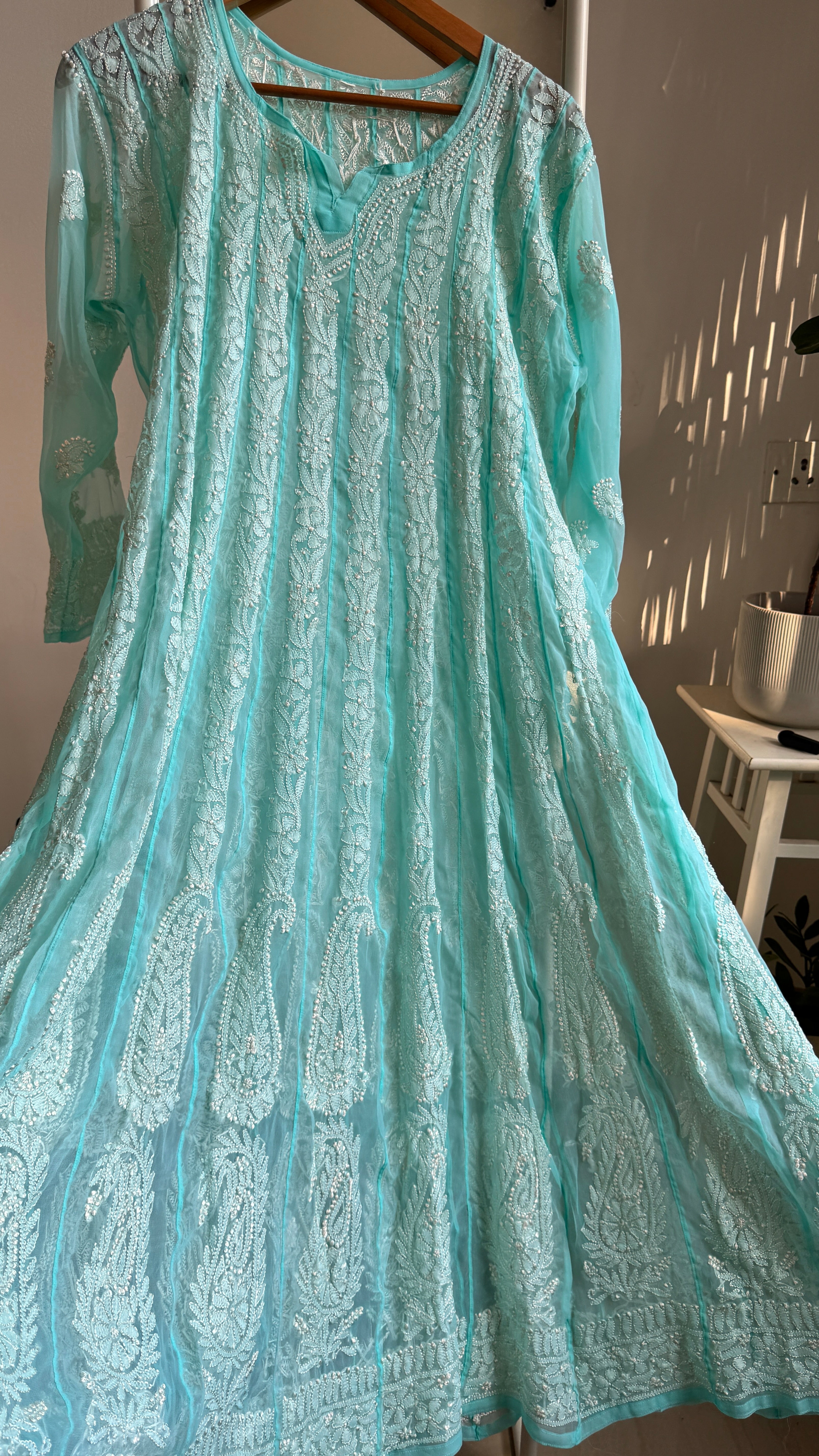 Georgette Chikankari Anarkali - Blue