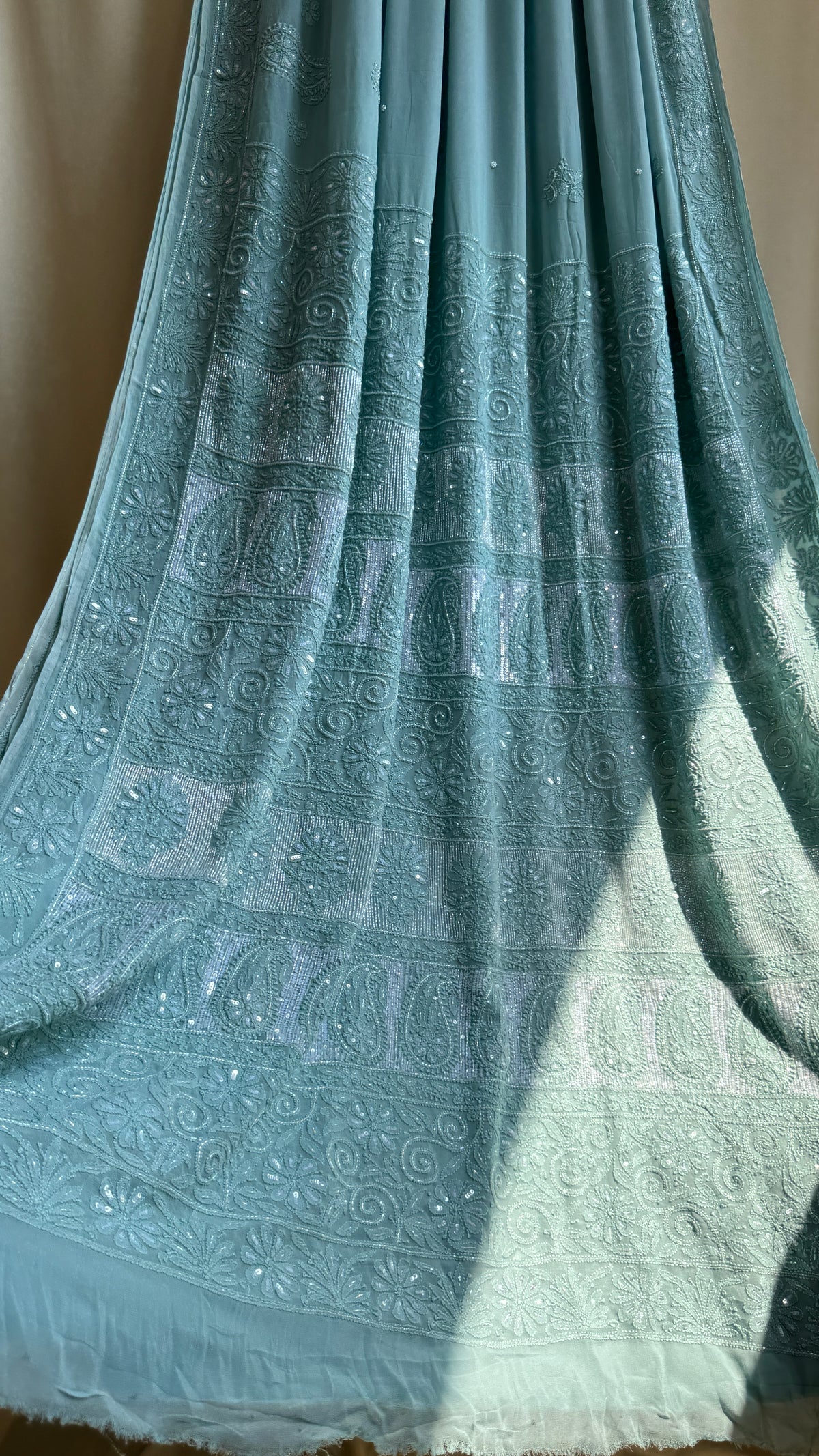 Chikankari saree with Pearl embellishments- Sage Green