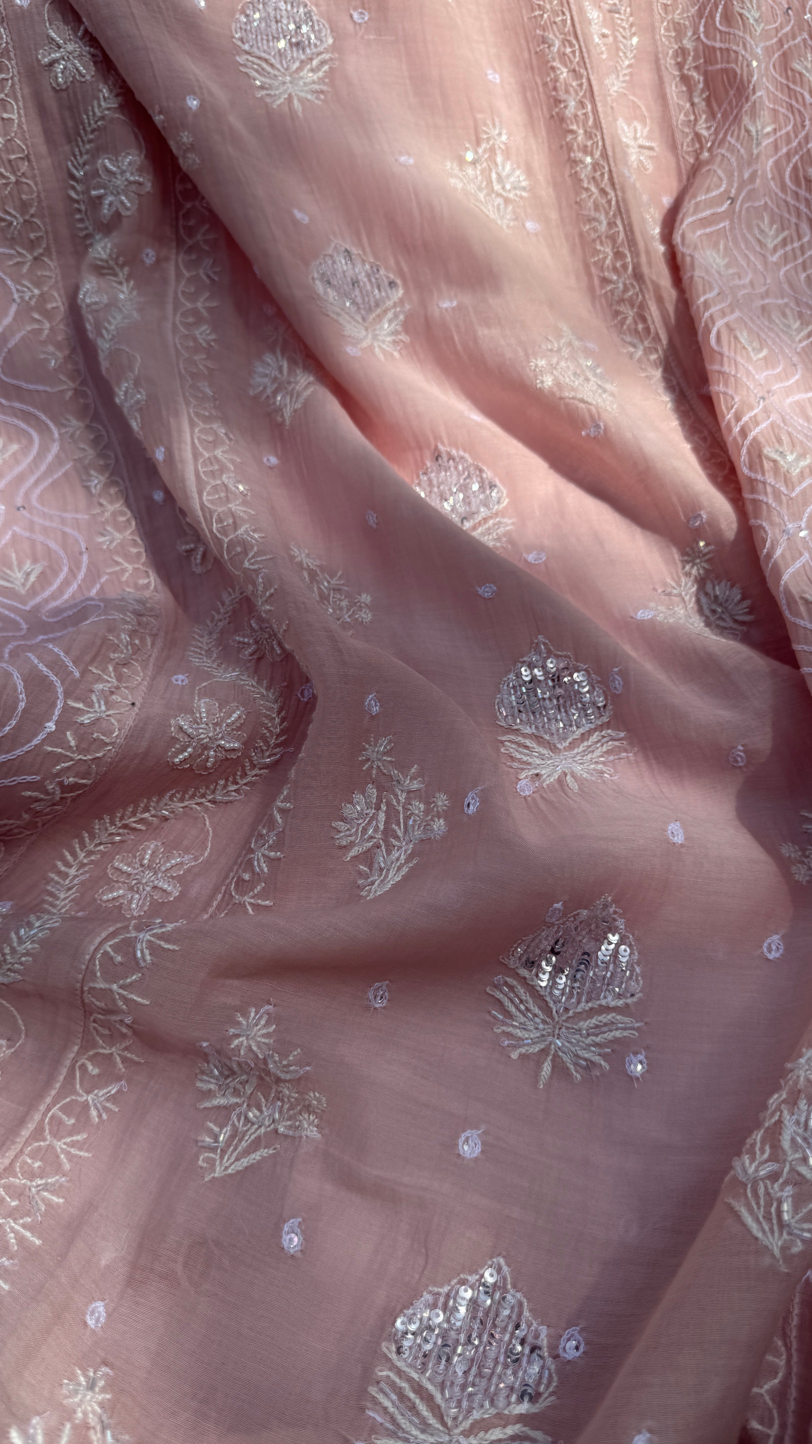 Mul Chanderi Chikankari - Unstitched Set - Pale Pink