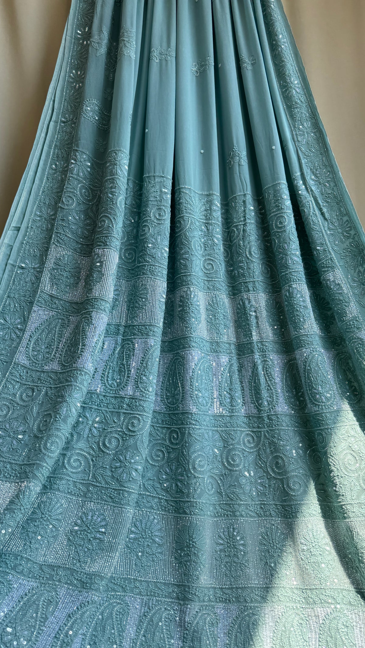 Chikankari saree with Pearl embellishments- Sage Green