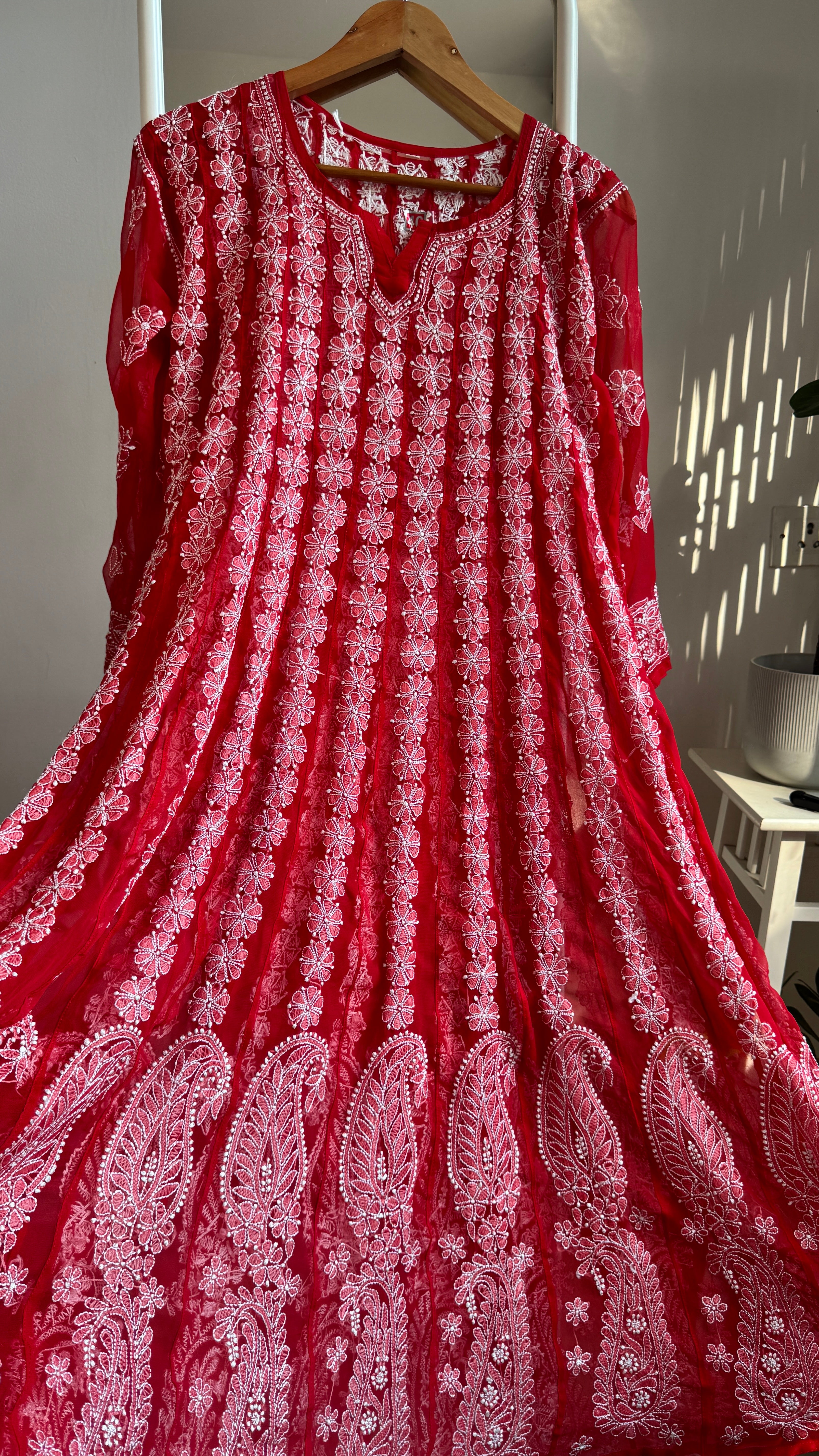 Georgette Chikankari Anarkali - Red
